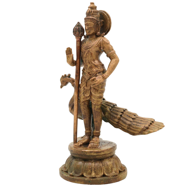 Handcrafted Bronze Murugan Idol, Skanda Subramanya Kartikeya Statue, Traditional Chola Art Velmurugan Panchaloha-Style Vigraham for Home Temple, Brown, 4 Inch, 1 Piece