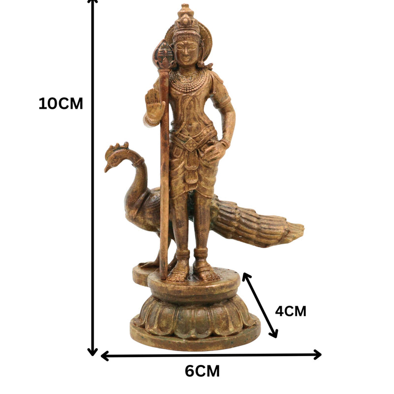 Handcrafted Bronze Murugan Idol, Skanda Subramanya Kartikeya Statue, Traditional Chola Art Velmurugan Panchaloha-Style Vigraham for Home Temple, Brown, 4 Inch, 1 Piece
