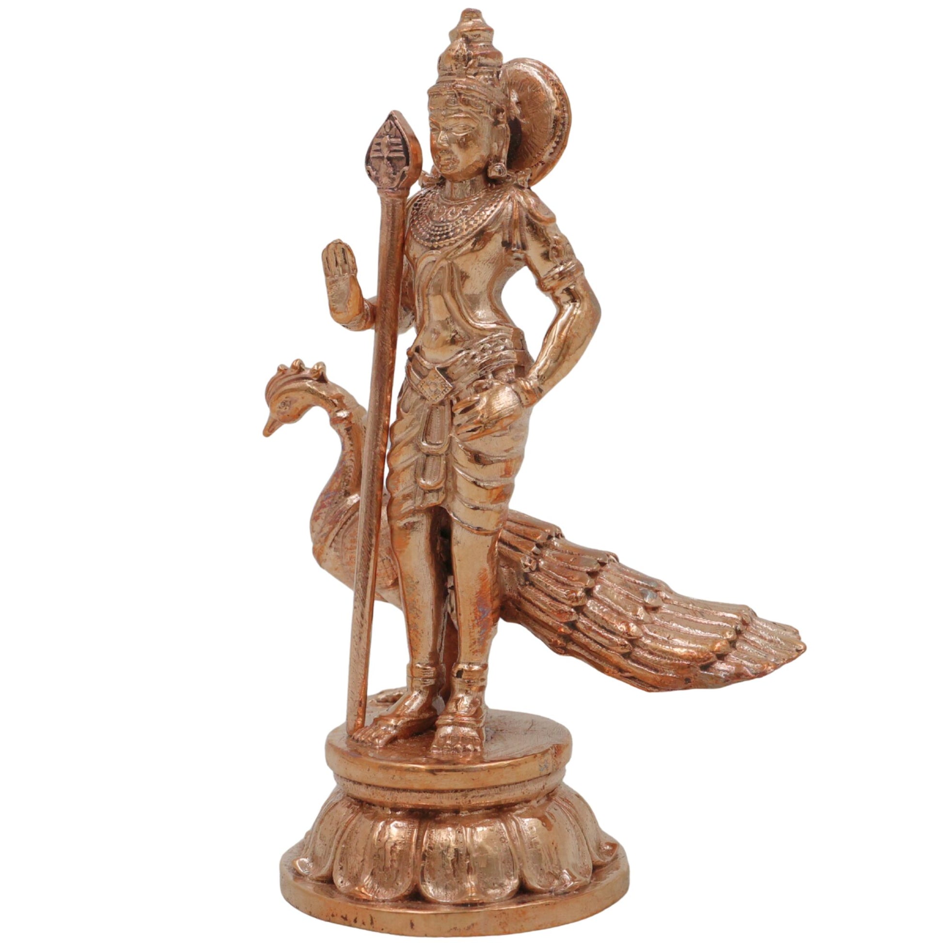 Handcrafted Bronze Murugan Idol, Skanda Subramanya Kartikeya Statue, Traditional Chola Art Velan Senthil Sculpture for Home Temple, Gold, 4 Inch, 1 Piece