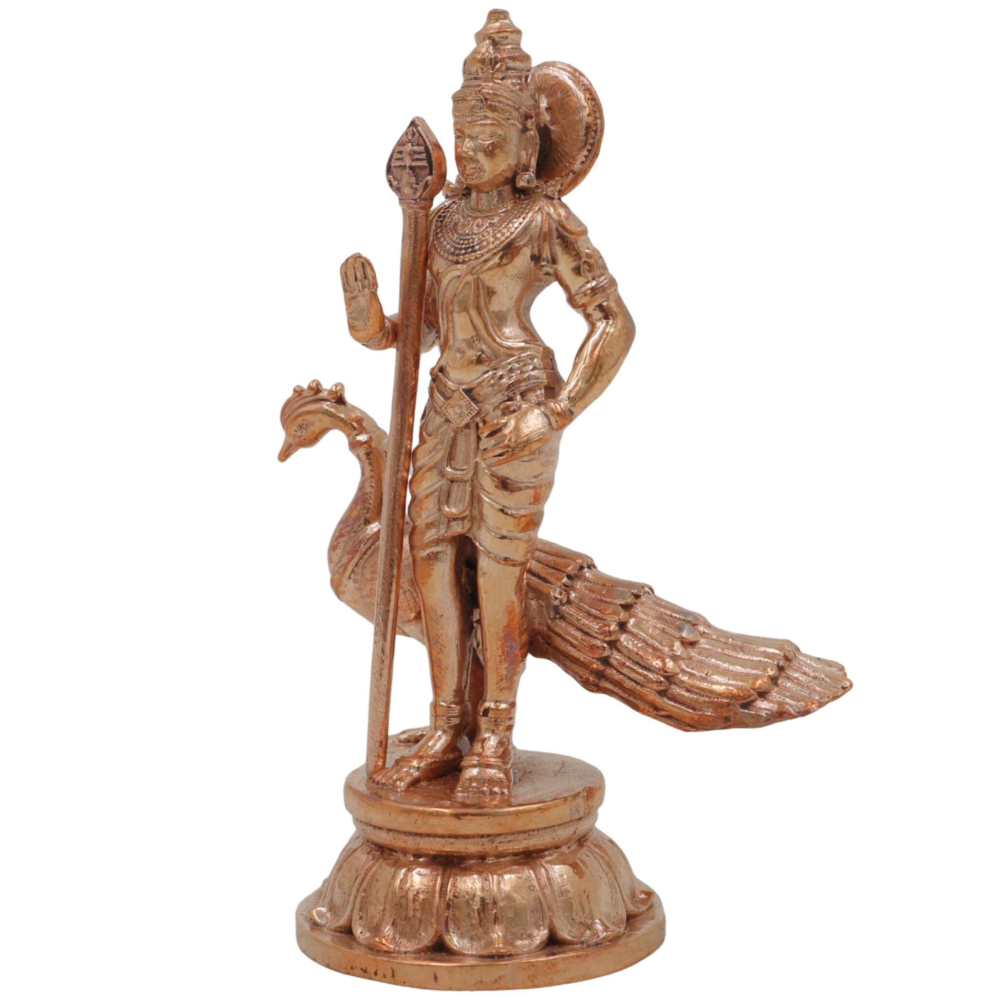 Handcrafted Bronze Murugan Idol, Skanda Subramanya Kartikeya Statue, Traditional Chola Art Velan Senthil Sculpture for Home Temple, Gold, 4 Inch, 1 Piece