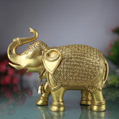 Brass Elephant Idol Gaja Hathi Yanai Aanai, Handcrafted Pital Peetal Gajendra Gajraj Kunjar Airavata Sculpture for Home Decor Temple Pooja Vastu Prosperity, Gold, 9.5 Inch, 1 Piece