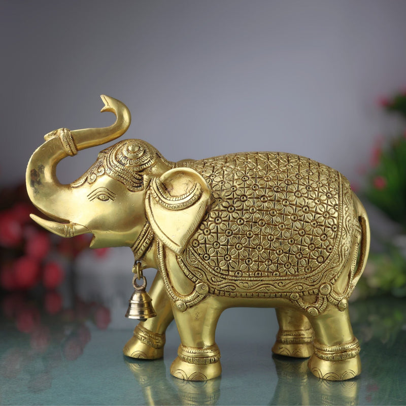 Brass Elephant Idol Gaja Hathi Yanai Aanai, Handcrafted Pital Peetal Gajendra Gajraj Kunjar Airavata Sculpture for Home Decor Temple Pooja Vastu Prosperity, Gold, 9.5 Inch, 1 Piece