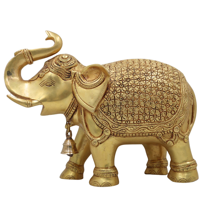 Brass Elephant Idol Gaja Hathi Yanai Aanai, Handcrafted Pital Peetal Gajendra Gajraj Kunjar Airavata Sculpture for Home Decor Temple Pooja Vastu Prosperity, Gold, 9.5 Inch, 1 Piece