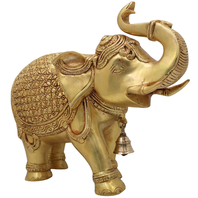 Brass Elephant Idol Gaja Hathi Yanai Aanai, Handcrafted Pital Peetal Gajendra Gajraj Kunjar Airavata Sculpture for Home Decor Temple Pooja Vastu Prosperity, Gold, 9.5 Inch, 1 Piece