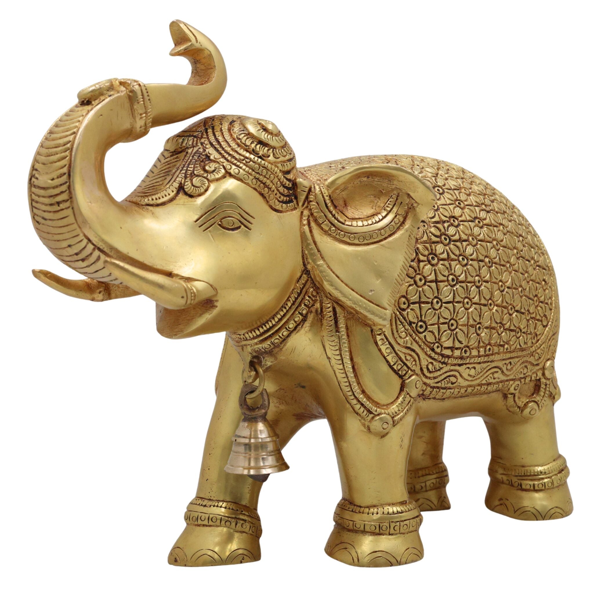 Brass Elephant Idol Gaja Hathi Yanai Aanai, Handcrafted Pital Peetal Gajendra Gajraj Kunjar Airavata Sculpture for Home Decor Temple Pooja Vastu Prosperity, Gold, 9.5 Inch, 1 Piece