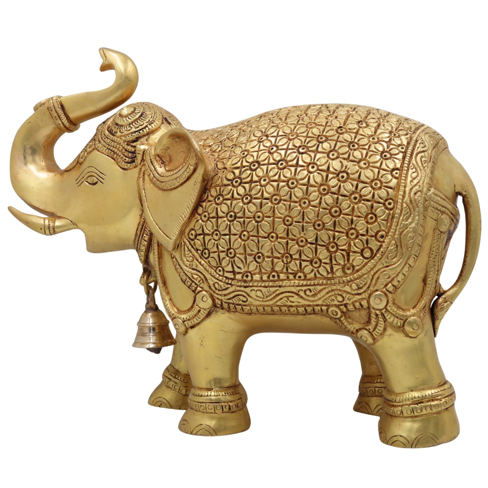 Brass Elephant Idol Gaja Hathi Yanai Aanai, Handcrafted Pital Peetal Gajendra Gajraj Kunjar Airavata Sculpture for Home Decor Temple Pooja Vastu Prosperity, Gold, 9.5 Inch, 1 Piece