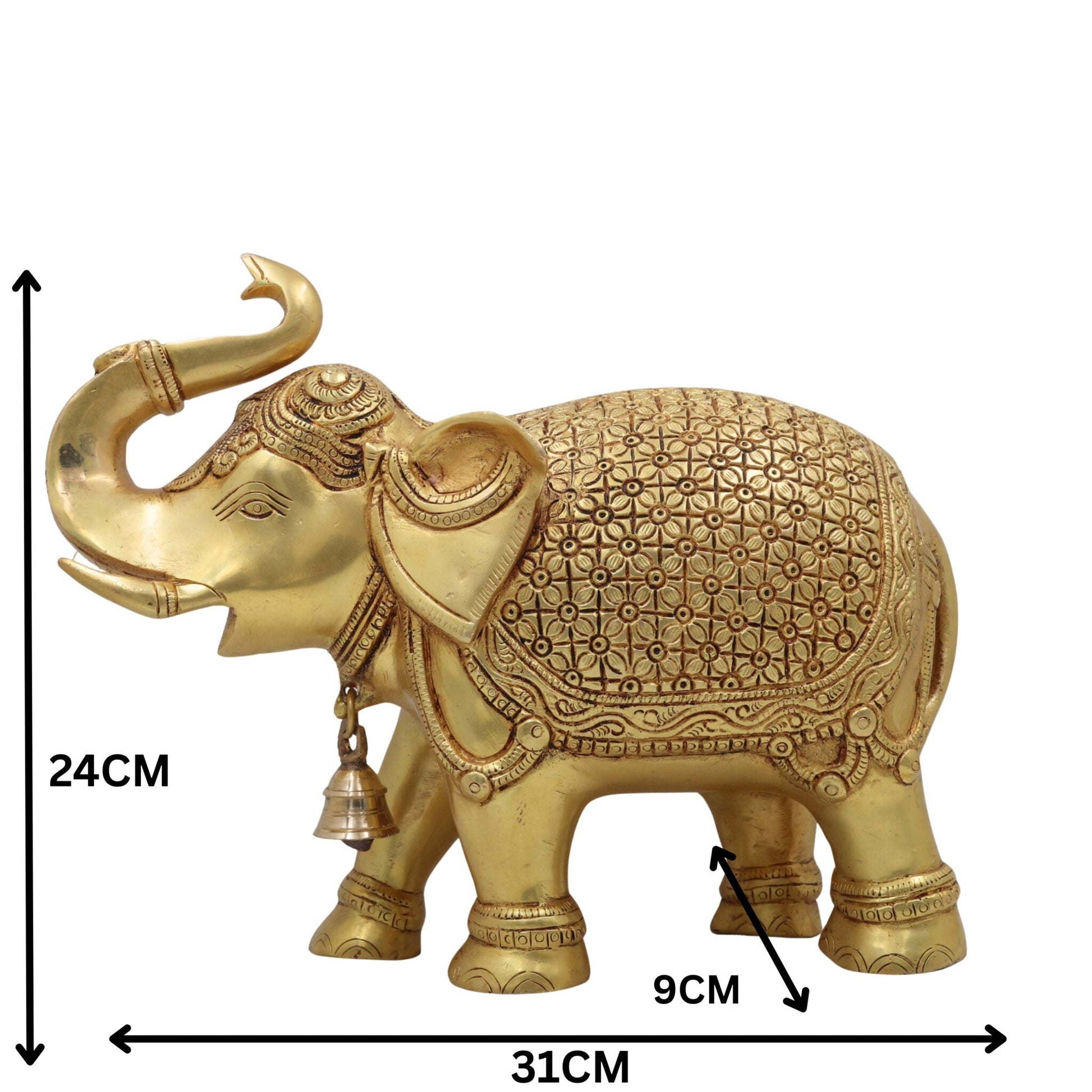 Brass Elephant Idol Gaja Hathi Yanai Aanai, Handcrafted Pital Peetal Gajendra Gajraj Kunjar Airavata Sculpture for Home Decor Temple Pooja Vastu Prosperity, Gold, 9.5 Inch, 1 Piece