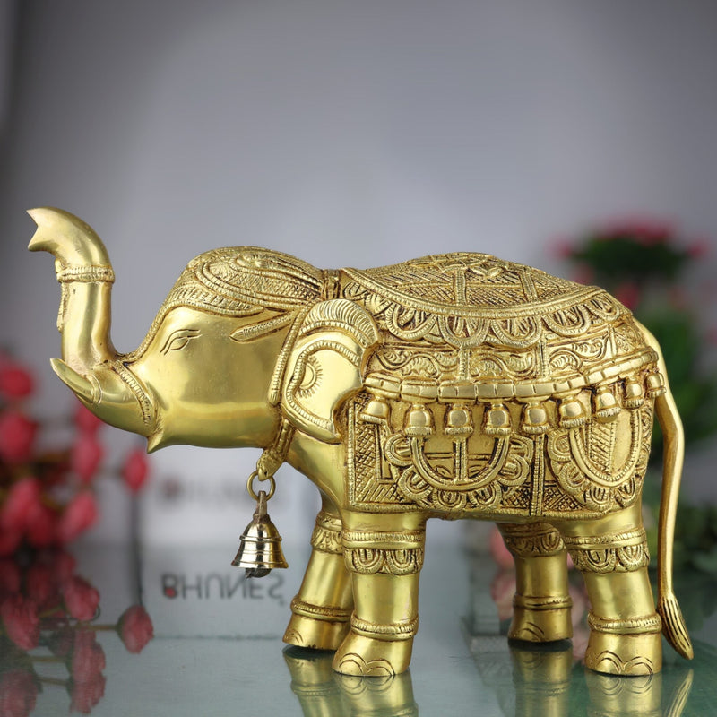 Brass Elephant Idol Gaja, Airavata, Hathi, Yanai, Aanai, Figurine for Home Decor Temple Pooja Vastu Prosperity Showpiece, Gold, 9 Inch, 1 Piece