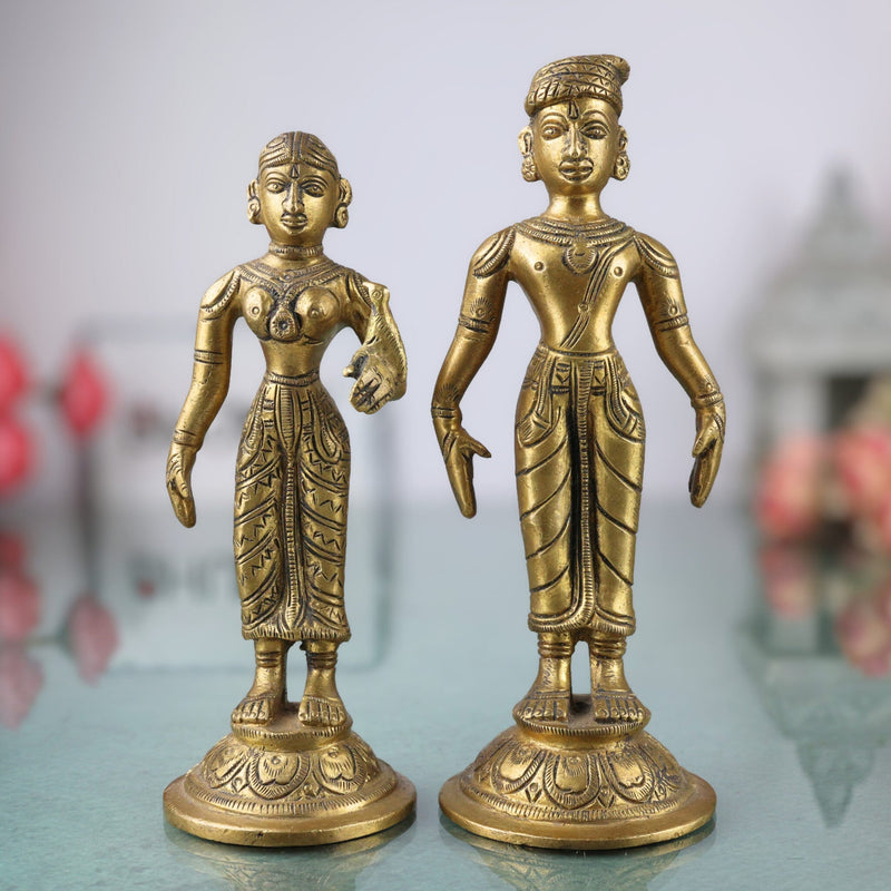 Brass Vitthal Rukmini Murti Vithoba Rukhumai Idol, Panduranga Rakhumai Statue, Vithu Mauli Rukmini Vigraha for Home Mandir Pooja Decor, Gold, 6.5 Inch, 1 Piece
