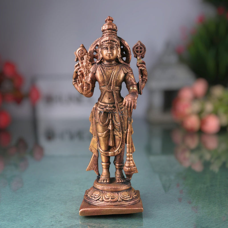 Copper Vishnu Idol Tamra Narayana Murti, Padmanabha Govinda Shrinivasa Sculpture, Traditional Vishnu Vigraham for Home Decor Pooja Temple, Brown, 6.5 Inch, 1 Piece