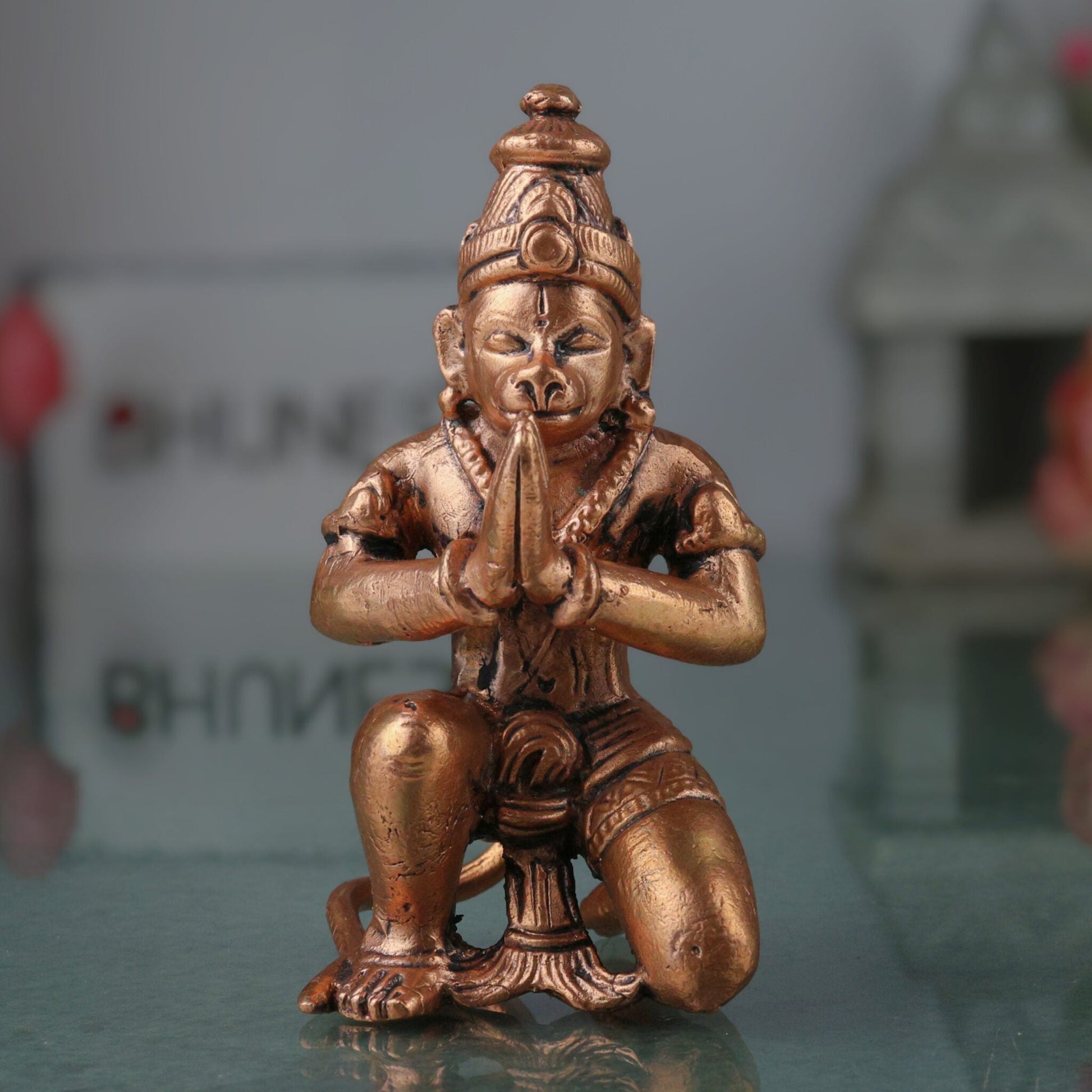 Copper Hanuman Sitting Idol, Tamra Bajrangbali Murti, Pavanputra Anjaneya Maruti Mahaveer Statue for Puja Home Decor, Brown, 3.5 Inch, 1 Piece