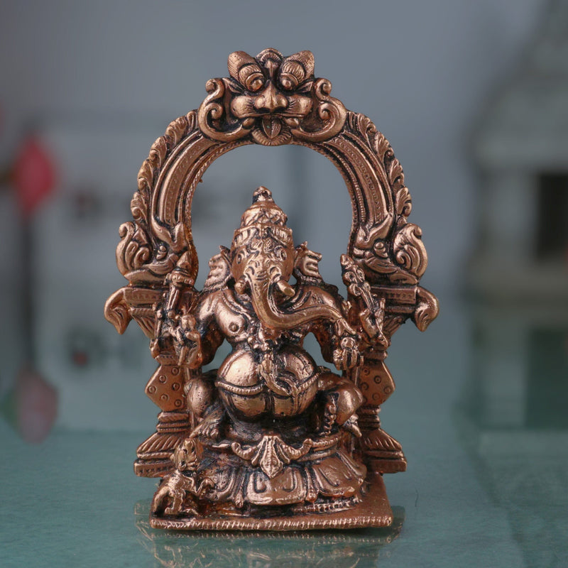 Copper Ganesha Prabhavali Idol, Handcrafted Tamra Ganapati Vinayaka Vighneshwar Murti for Pooja Room Decor & Spiritual Home Showpiece, Brown, 4 Inch, 1 Piece