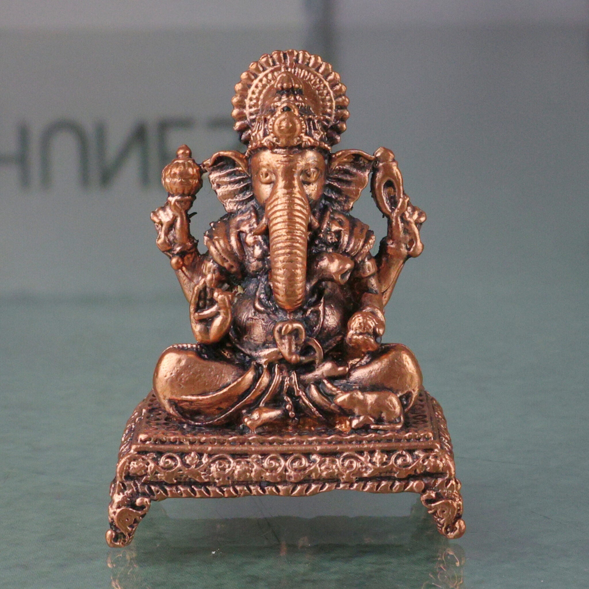 Handcrafted Copper Ganesha Idol Tamra Ganapati Thamira Vinayaka Ekadanta Vignaharta Siddhivinayak Pooja Murti Home Decor Spiritual Sculpture Showpiece, Brown, 1.5 Inch, 1 Piece