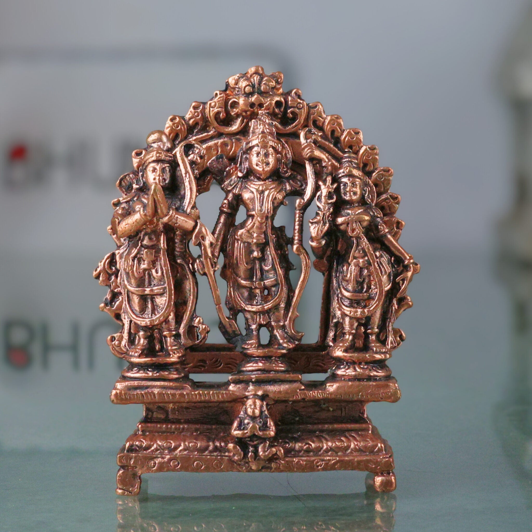 Copper Ram Darbar Idol Ram Parivar Murti Sita Ram Lakshman Hanuman Vigraham Tamra Ram Parivar Statue for Pooja Temple Home Decor, Brown, 3 Inch, 1 Piece
