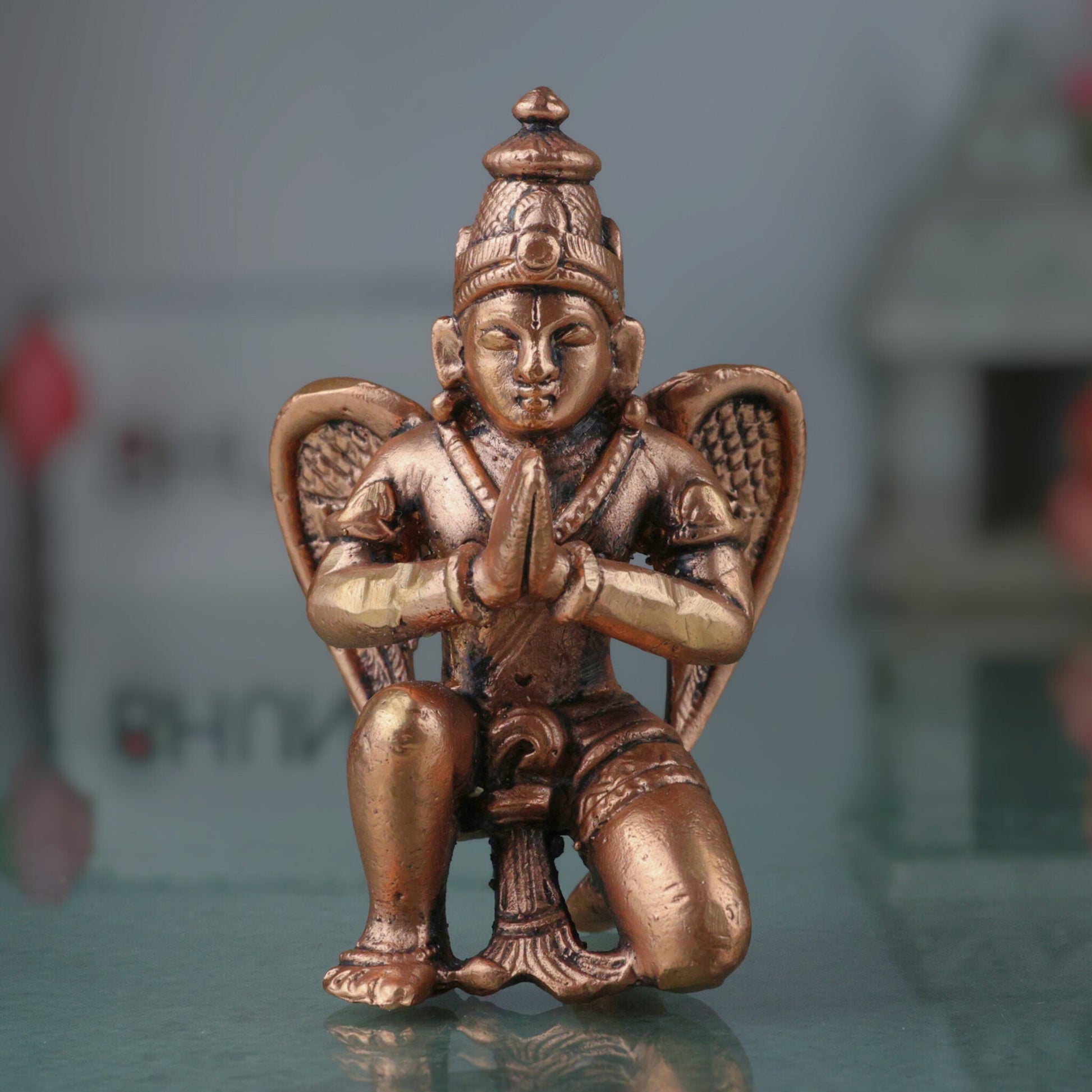 Copper Garuda Dev Idol, Tamra Vainateya Suparna Pakshiraja Murti, Vishnu Vahana Garuda Statue for Pooja Decor Temple Collection, Brown, 3.5 Inch, 1 Piece