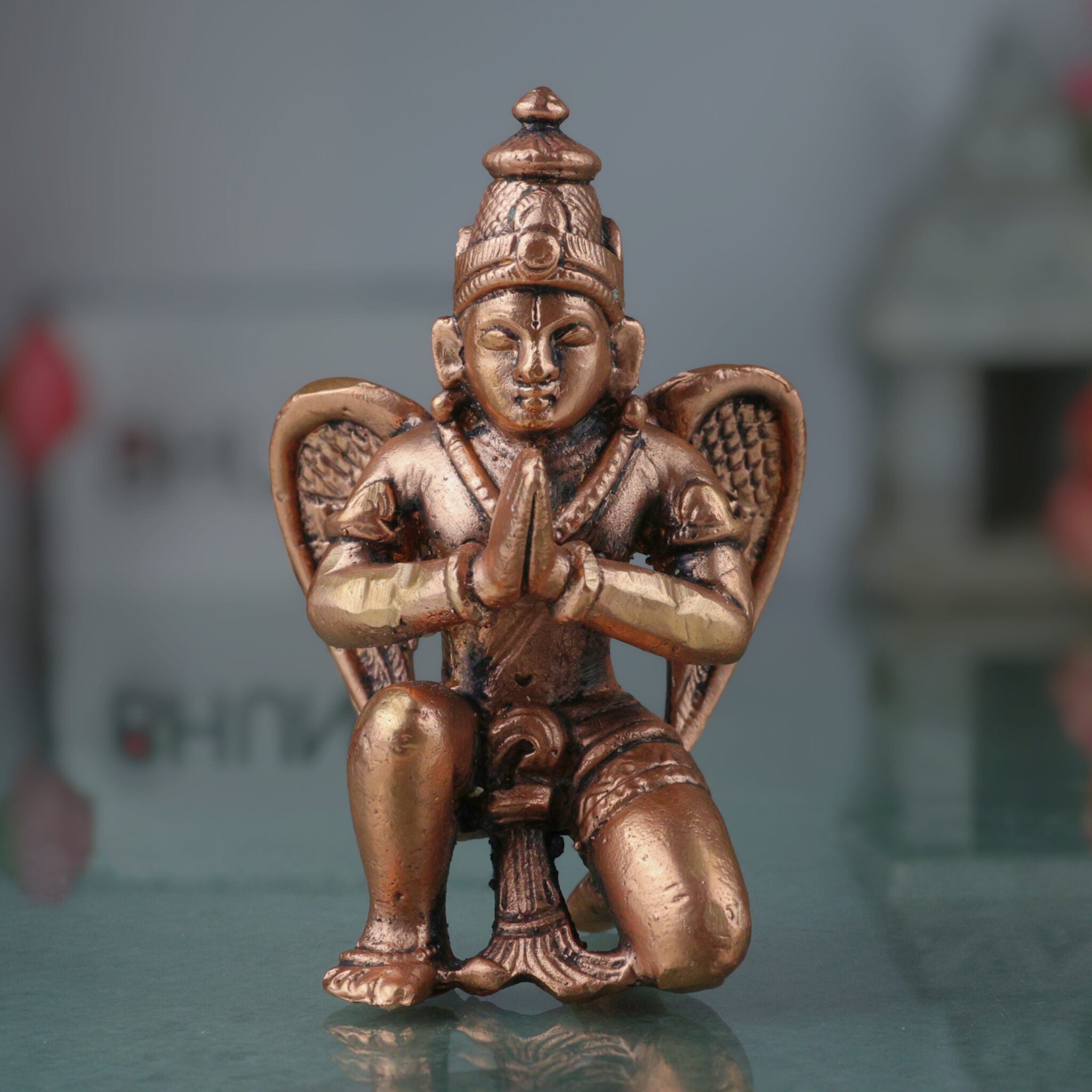 Copper Garuda Dev Idol, Tamra Vainateya Suparna Pakshiraja Murti, Vishnu Vahana Garuda Statue for Pooja Decor Temple Collection, Brown, 3.5 Inch, 1 Piece