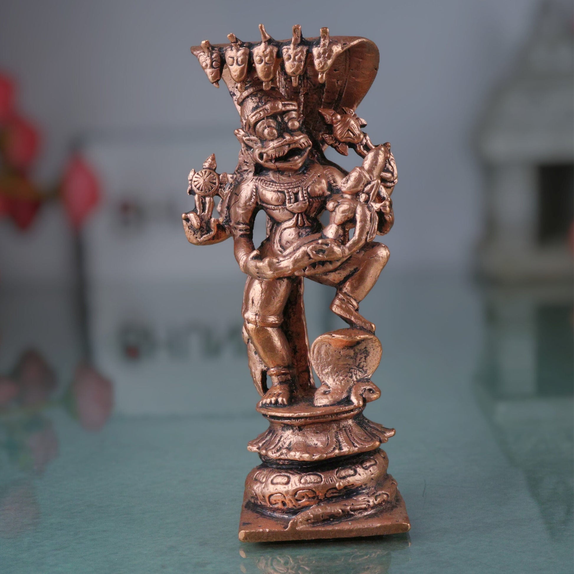 Copper Lakshmi Narasimha Idol, Tamra Narasimha Vigraham, Lakshmi Narsimha Murti for Pooja Home Decor, Narasimha Lakshmi Devata Statue, Brown, 4.5 Inch, 1 Piece