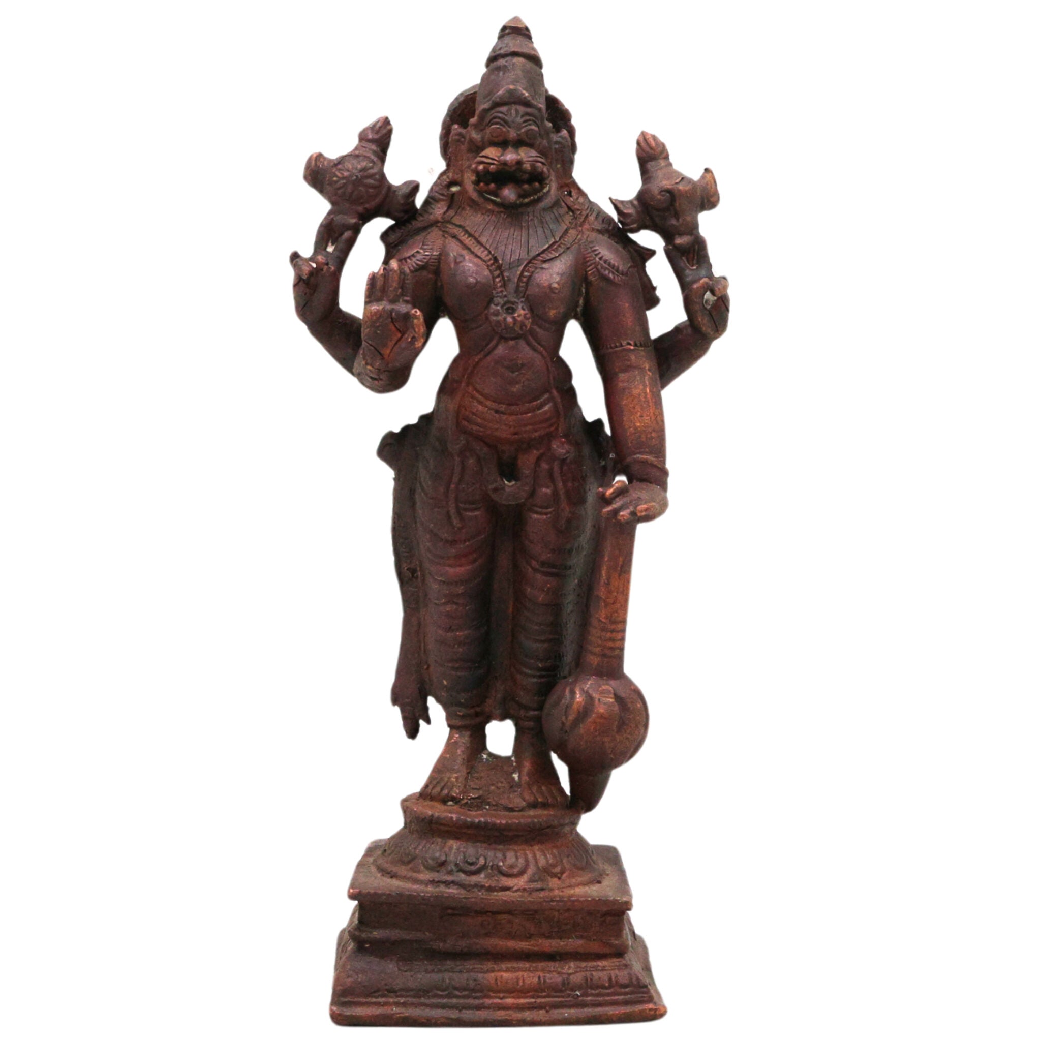 Copper Narasimha Idol, Tamra Narsimha Murti, Ugra Lakshmi Narasimha Vigraham, Handcrafted Narasingha Statue for Puja Decor, Brown, 6.5 Inch, 1 Piece