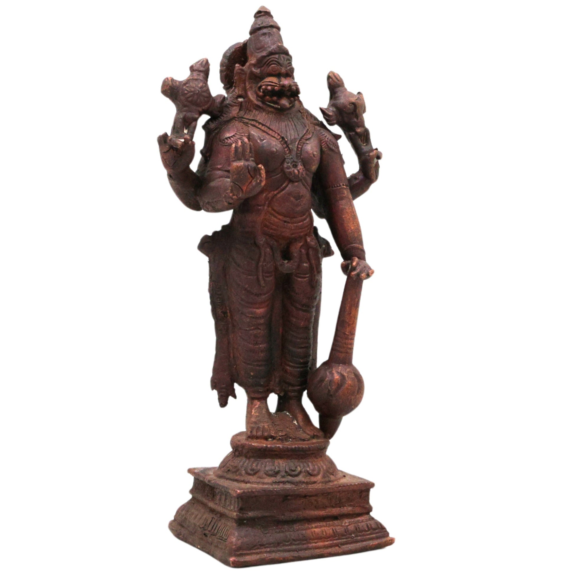 Copper Narasimha Idol, Tamra Narsimha Murti, Ugra Lakshmi Narasimha Vigraham, Handcrafted Narasingha Statue for Puja Decor, Brown, 6.5 Inch, 1 Piece