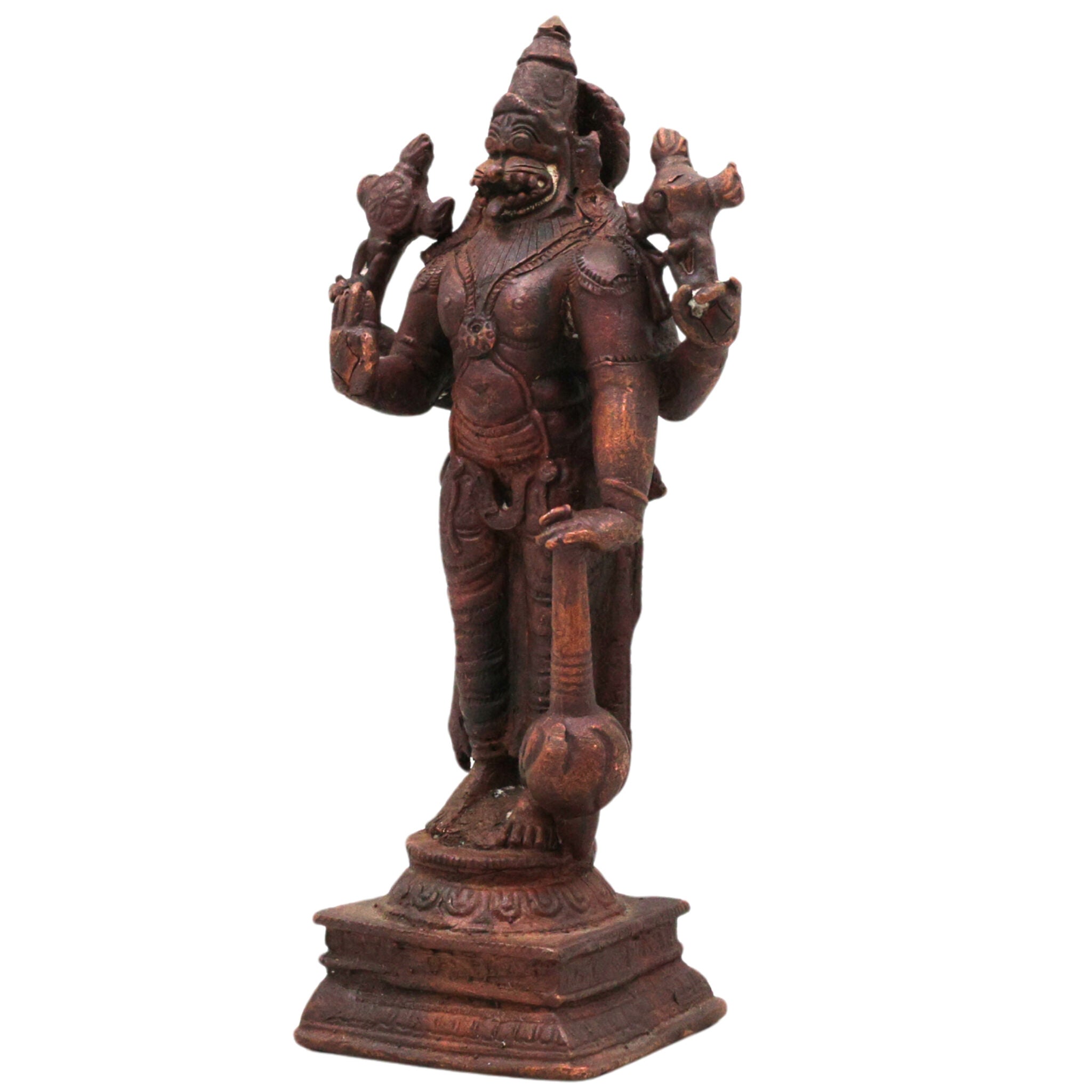 Copper Narasimha Idol, Tamra Narsimha Murti, Ugra Lakshmi Narasimha Vigraham, Handcrafted Narasingha Statue for Puja Decor, Brown, 6.5 Inch, 1 Piece