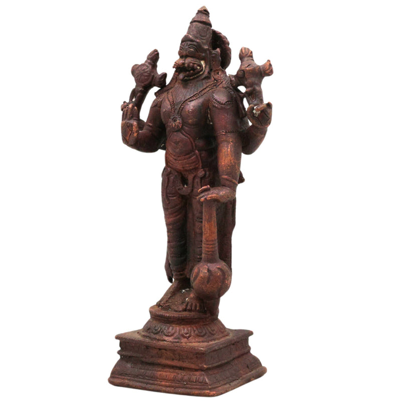Copper Narasimha Idol, Tamra Narsimha Murti, Ugra Lakshmi Narasimha Vigraham, Handcrafted Narasingha Statue for Puja Decor, Brown, 6.5 Inch, 1 Piece