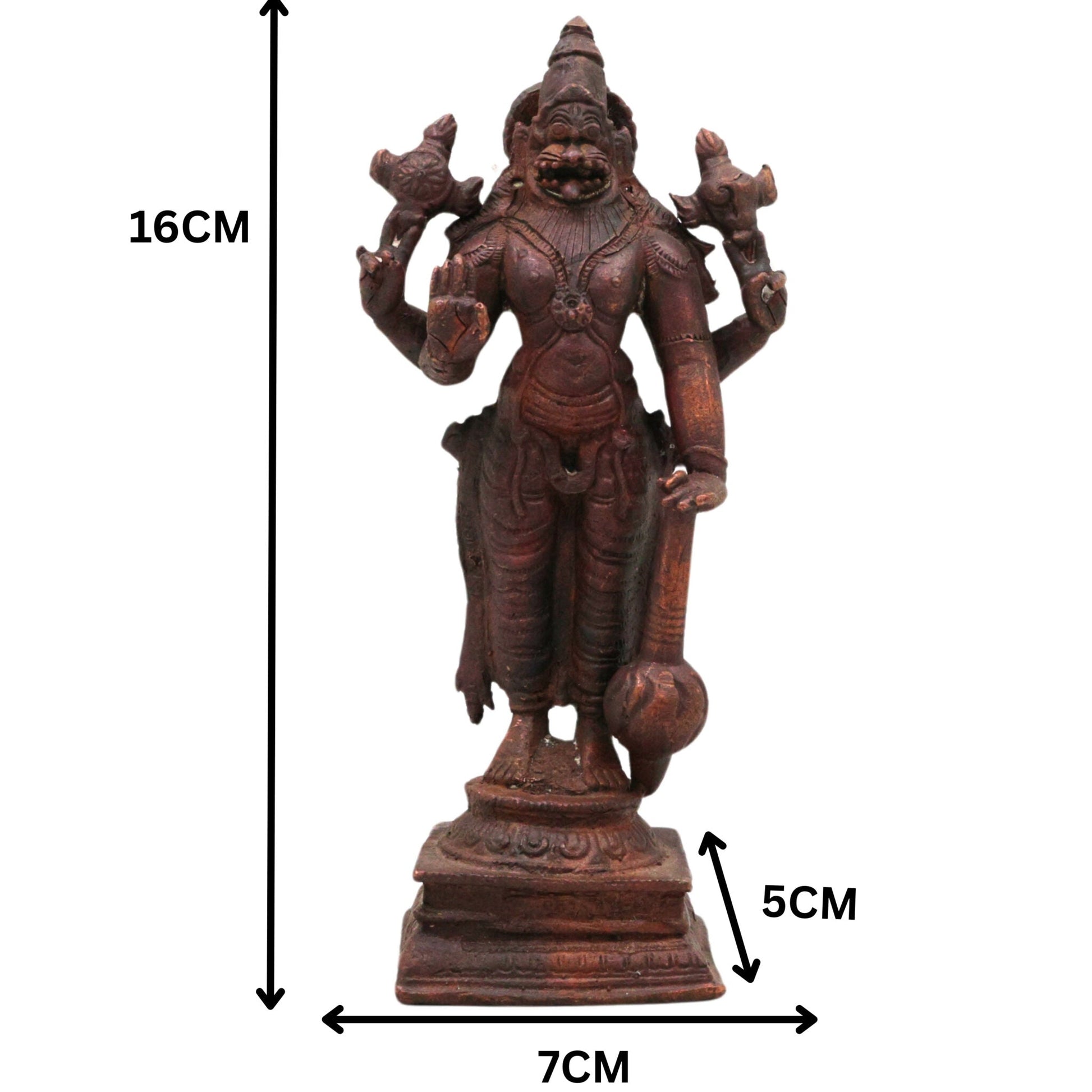 Copper Narasimha Idol, Tamra Narsimha Murti, Ugra Lakshmi Narasimha Vigraham, Handcrafted Narasingha Statue for Puja Decor, Brown, 6.5 Inch, 1 Piece