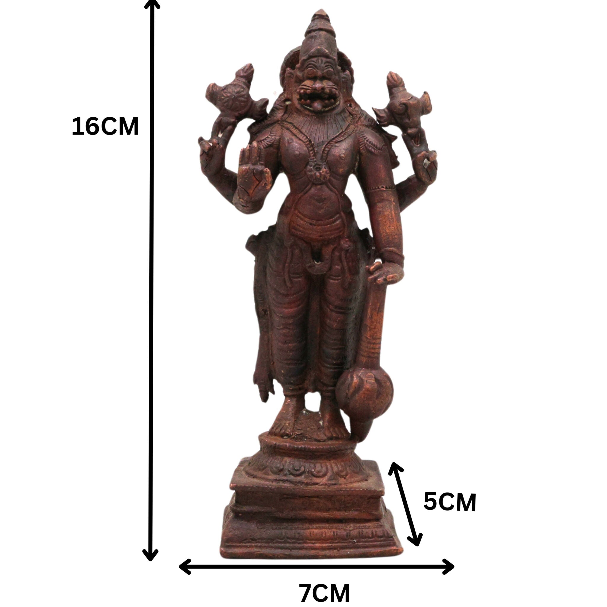 Copper Narasimha Idol, Tamra Narsimha Murti, Ugra Lakshmi Narasimha Vigraham, Handcrafted Narasingha Statue for Puja Decor, Brown, 6.5 Inch, 1 Piece