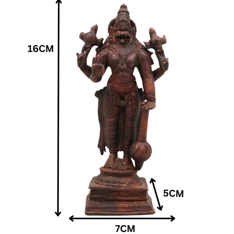 Copper Narasimha Idol, Tamra Narsimha Murti, Ugra Lakshmi Narasimha Vigraham, Handcrafted Narasingha Statue for Puja Decor, Brown, 6.5 Inch, 1 Piece