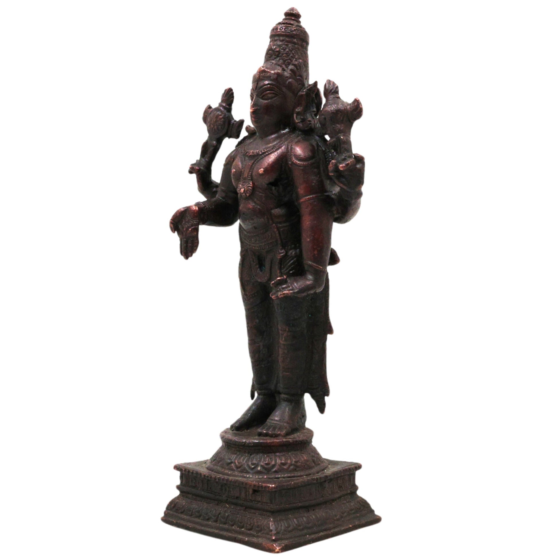 Copper Vishnu Idol Tamra Narayana Murti Padmanabha Govinda Statue for Puja Home Decor Lakshmipati Chakrapani Sculpture Spiritual Hindu God Figurine, Brown, 6.5 Inch, 1 Piece