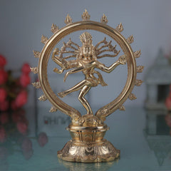 Bronze Nataraja Idol, Panchaloha Natarajar Sculpture, Cosmic Dancer Shiva Nataraj Murti, Chola Art Thillai Koothan Vigraham, Ananda Tandava Nrityeshwara Statue for Home Temple Décor, Gold, 8 Inch, 1 Piece