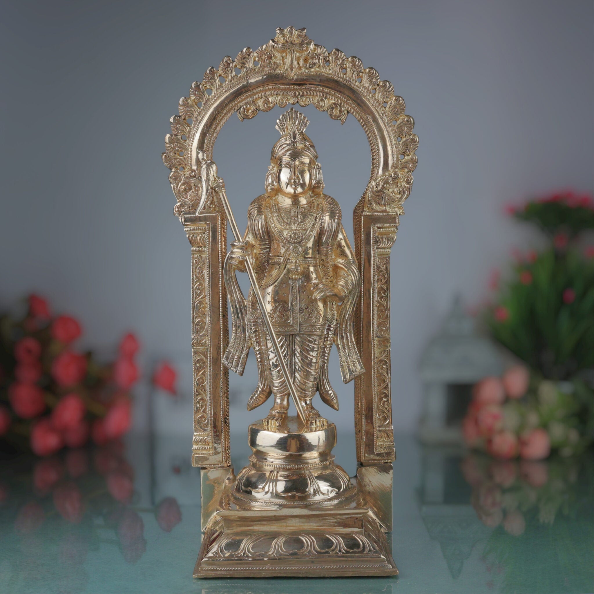 Bronze Raja Murugan Subramanya Kartikeya Skanda Shanmukha Idol | Traditional South Indian Kumara Sculpture for Home Temple Decor, Gold, 15 Inch, 1 Piece