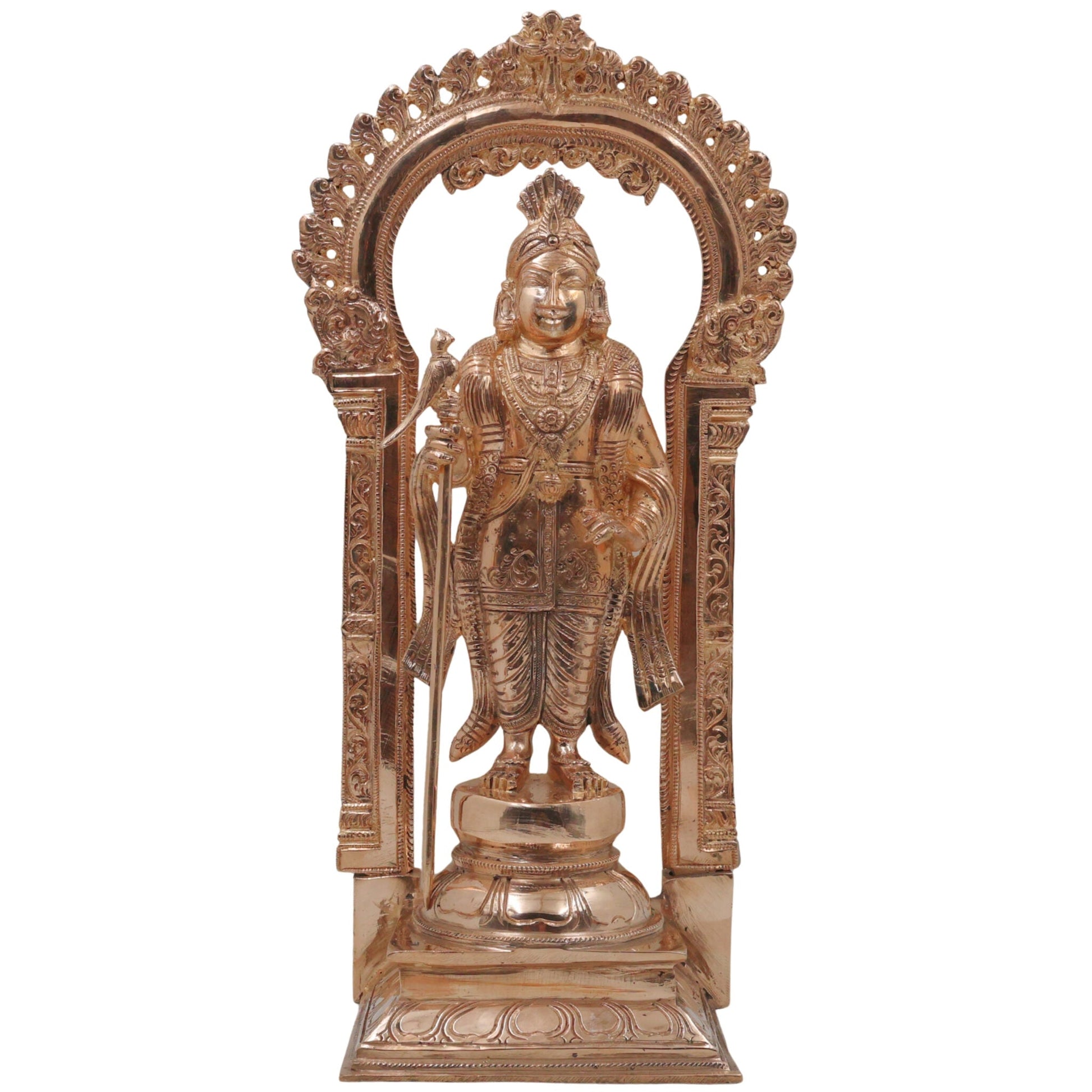Bronze Raja Murugan Subramanya Kartikeya Skanda Shanmukha Idol | Traditional South Indian Kumara Sculpture for Home Temple Decor, Gold, 15 Inch, 1 Piece