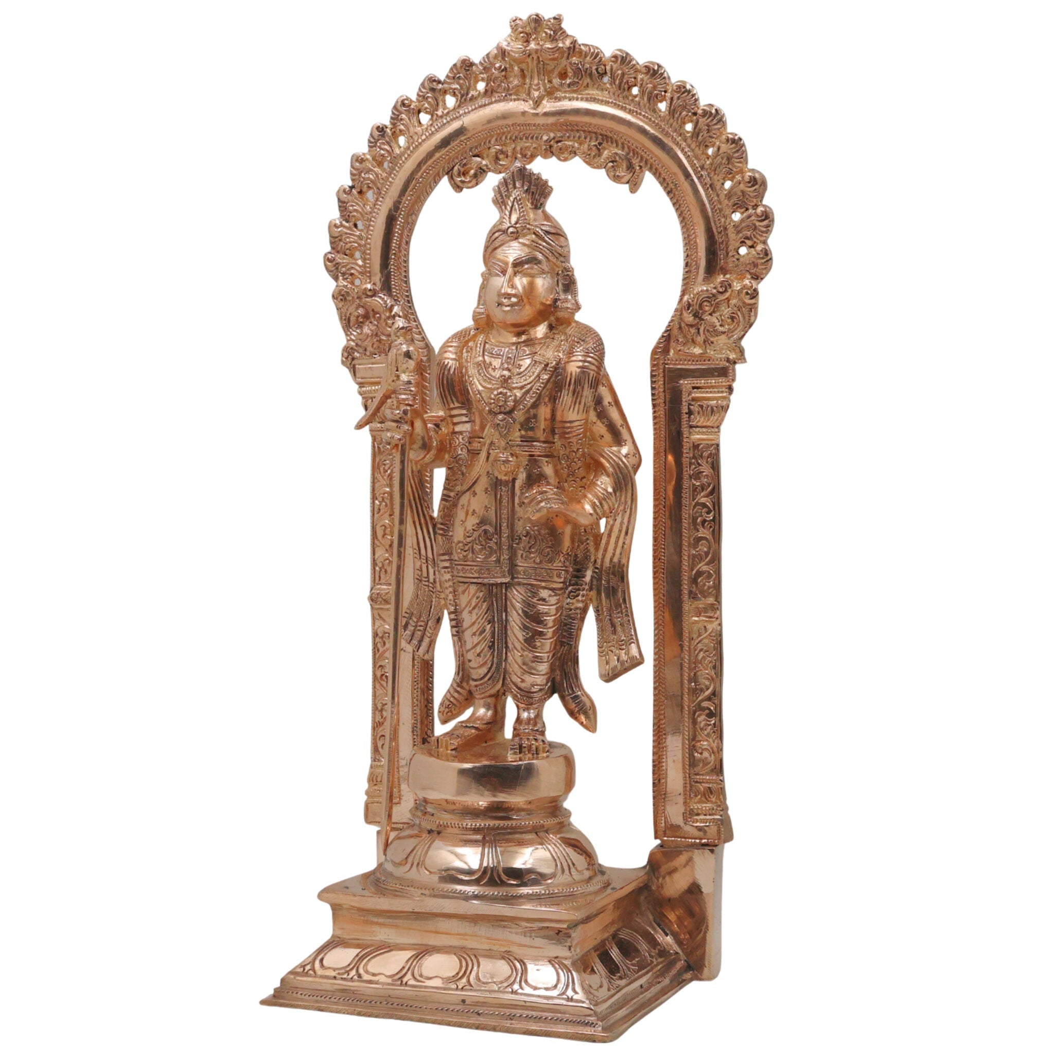 Bronze Raja Murugan Subramanya Kartikeya Skanda Shanmukha Idol | Traditional South Indian Kumara Sculpture for Home Temple Decor, Gold, 15 Inch, 1 Piece