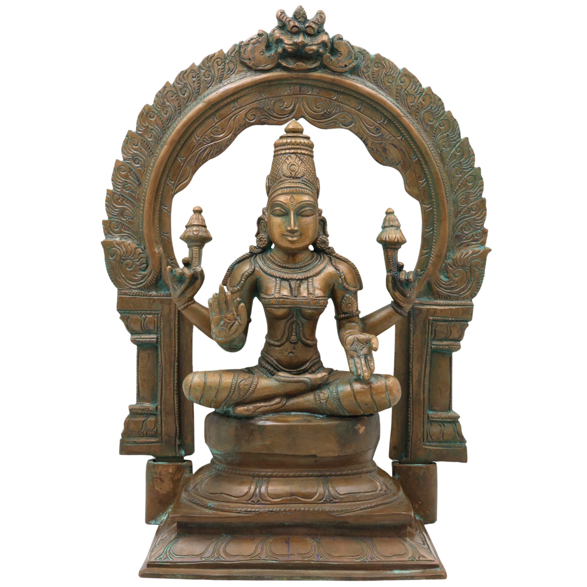 Bronze Mahalakshmi Shri Lakshmi Devi Idol | Panchaloha Panchadhatu South India Art Sculpture | Gajalakshmi Varalakshmi Kamala Padma Narayani Thirumagal Lakshmi Statue for Home Temple Decor, Brown, 12 Inch, 1 Piece