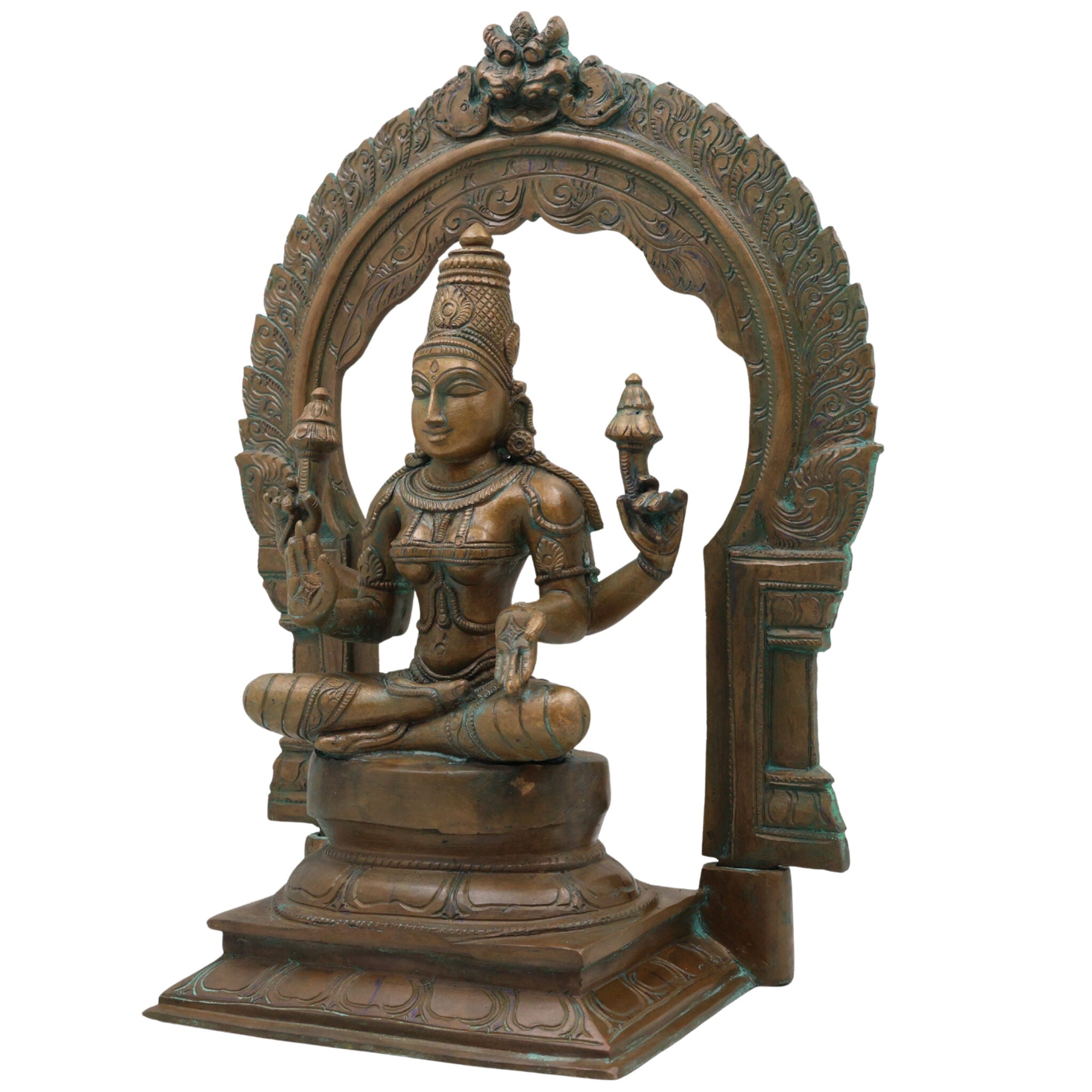 Bronze Mahalakshmi Shri Lakshmi Devi Idol | Panchaloha Panchadhatu South India Art Sculpture | Gajalakshmi Varalakshmi Kamala Padma Narayani Thirumagal Lakshmi Statue for Home Temple Decor, Brown, 12 Inch, 1 Piece