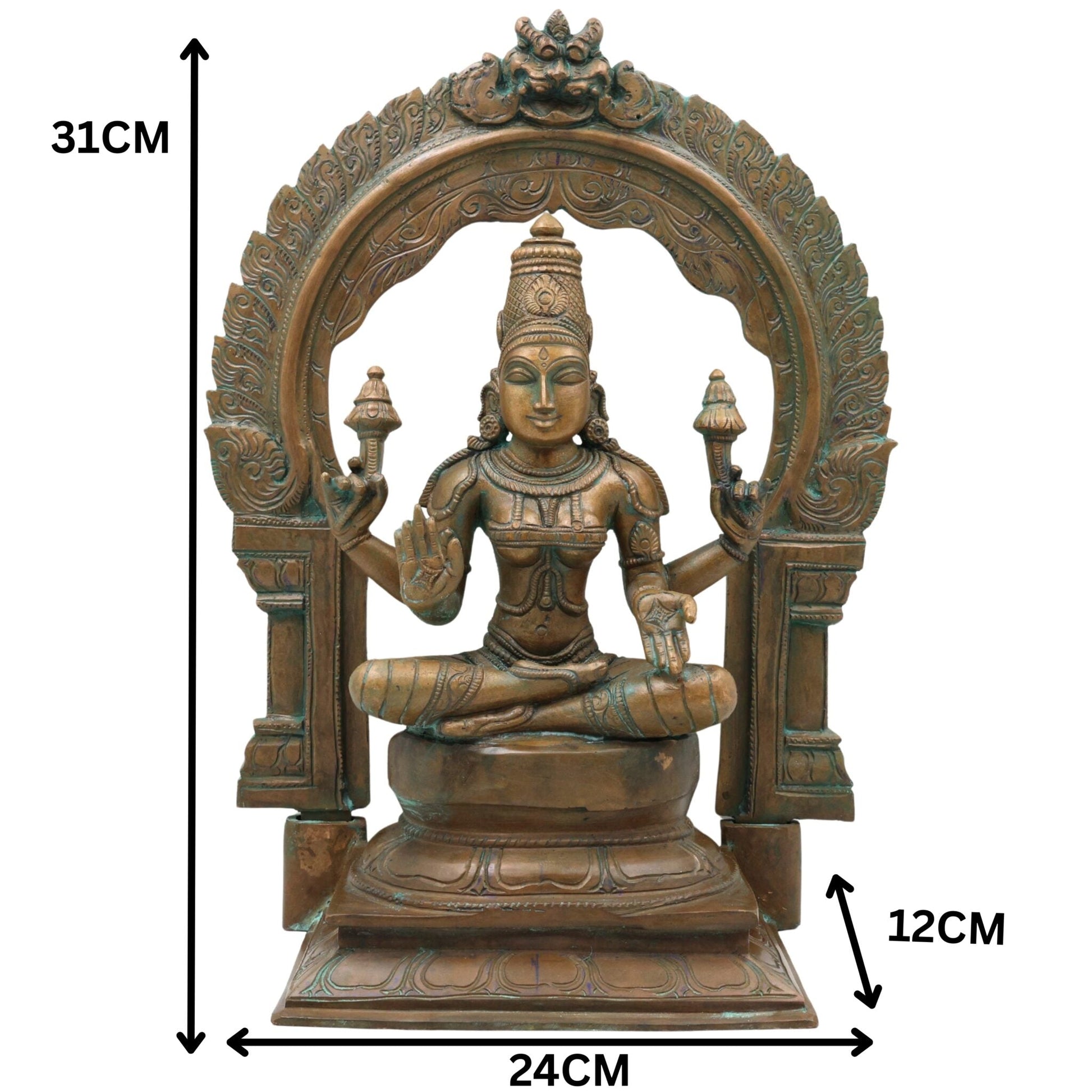 Bronze Mahalakshmi Shri Lakshmi Devi Idol | Panchaloha Panchadhatu South India Art Sculpture | Gajalakshmi Varalakshmi Kamala Padma Narayani Thirumagal Lakshmi Statue for Home Temple Decor, Brown, 12 Inch, 1 Piece