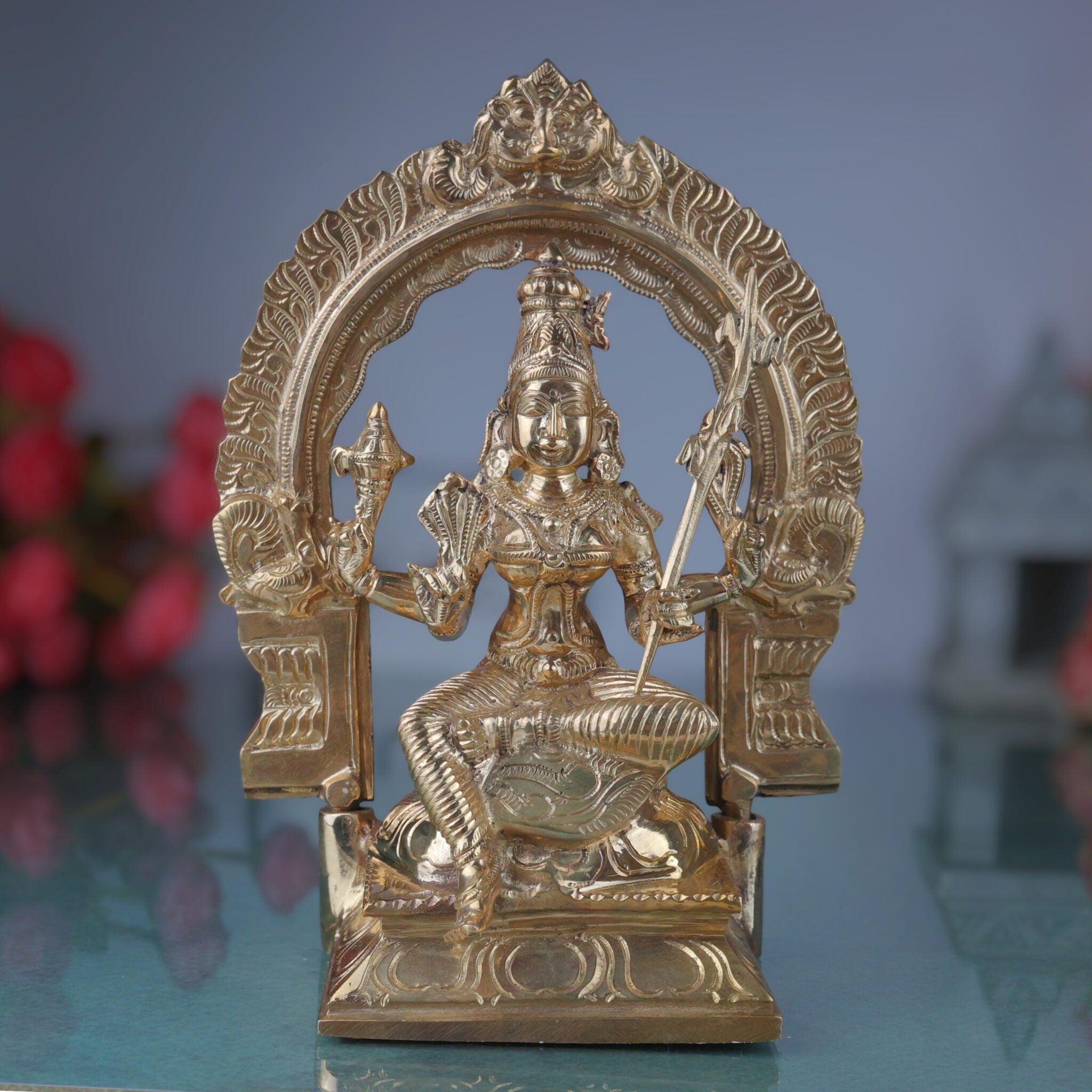 Bronze Raja Rajeshwari Idol Tripura Sundari Lalita Parameshwari Rajarajeshwari Devi Murti | Shodashi Sri Vidya Mahatripurasundari Goddess Sculpture | Handcrafted Panchaloha Style Statue, Gold, 8.5 Inch, 1 Piece