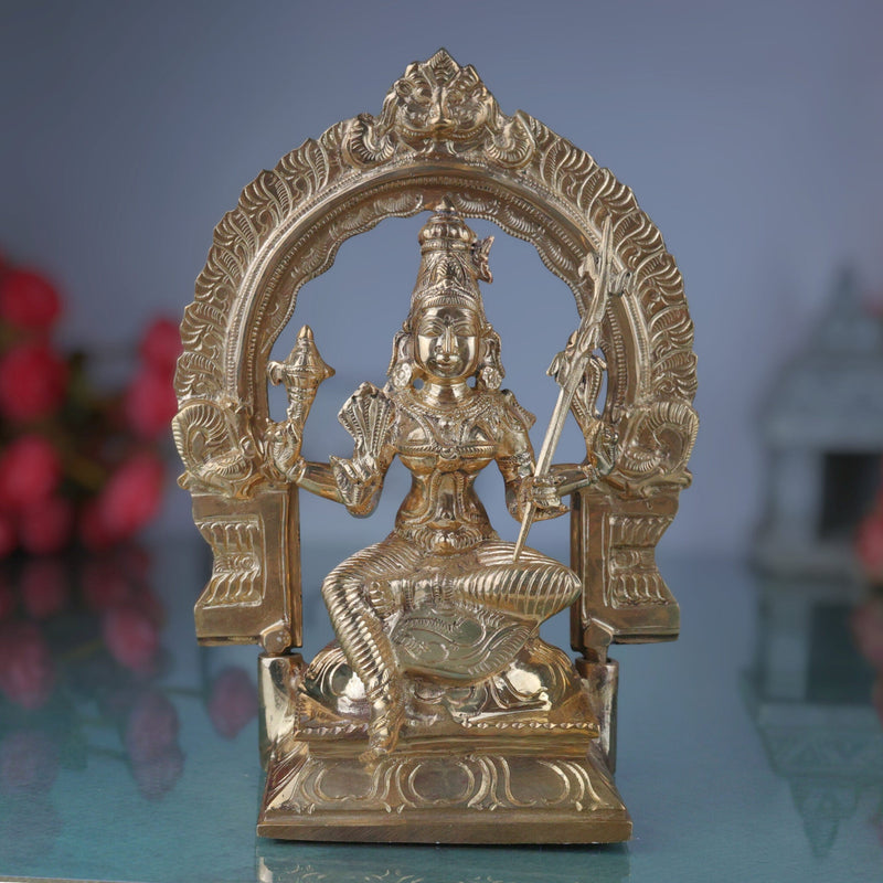 Bronze Raja Rajeshwari Idol Tripura Sundari Lalita Parameshwari Rajarajeshwari Devi Murti | Shodashi Sri Vidya Mahatripurasundari Goddess Sculpture | Handcrafted Panchaloha Style Statue, Gold, 8.5 Inch, 1 Piece