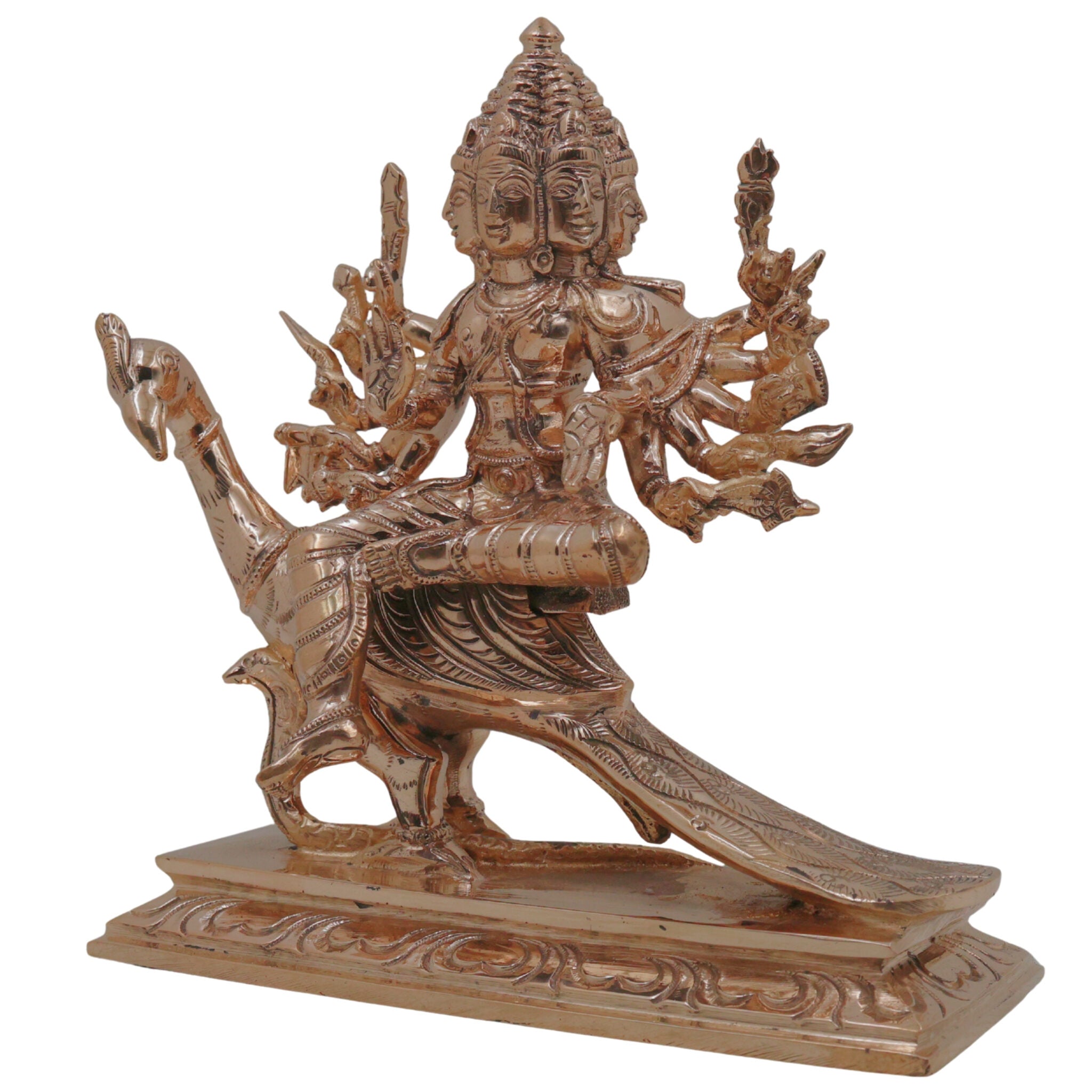 Bronze Arumuga Murugan Idol, Shanmukha Skanda Subramanya Kumaraswamy Vel Murugan Panchaloha Inspired Traditional South Indian Sculpture for Home Temple Decor, Gold, 6 Inch, 1 Piece