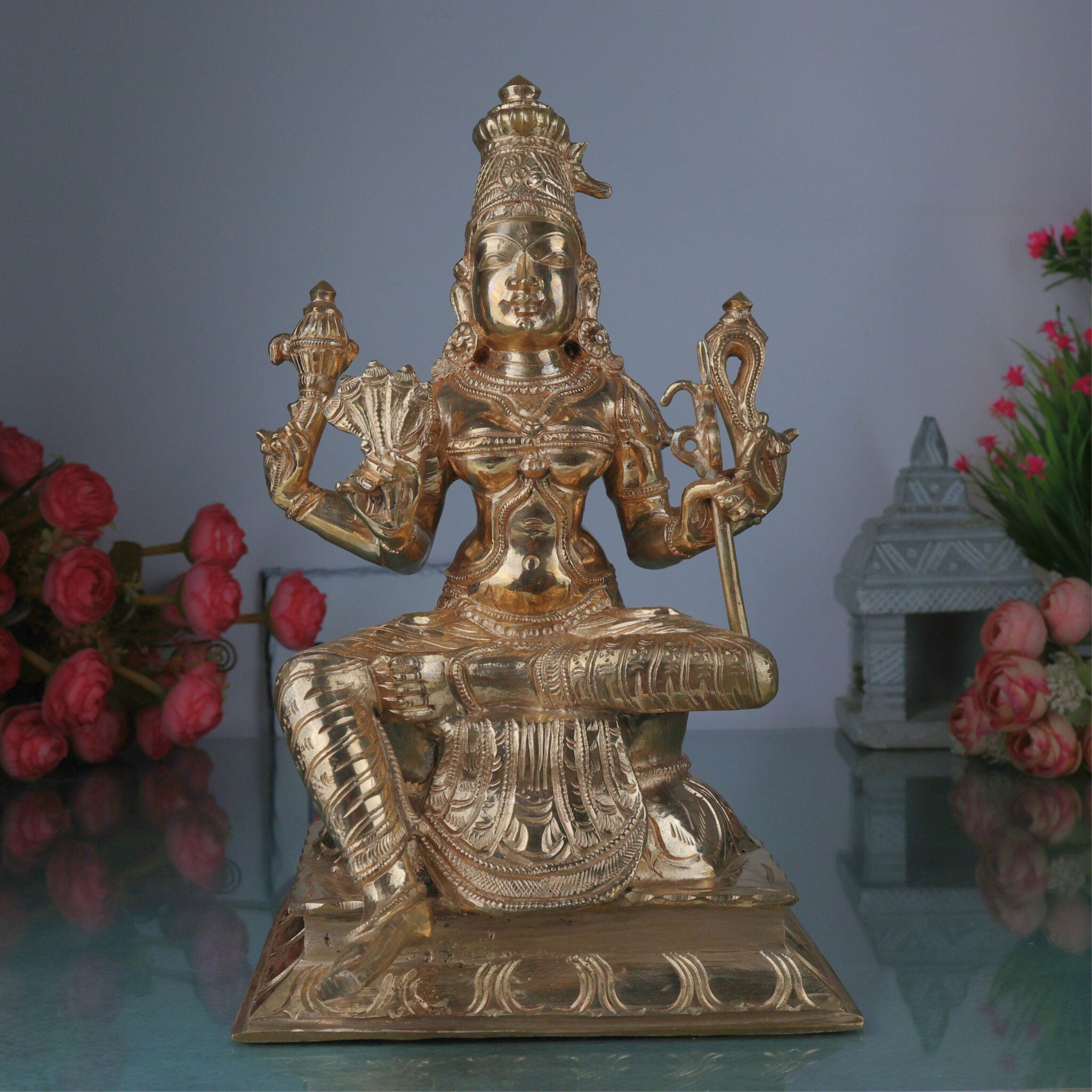 Bronze Raja Rajeshwari Idol | Sri Rajarajeshwari Tripura Sundari Lalita Parameshwari Shakti Devi Murti | Handcrafted Chola Art Panchaloha Style Sculpture for Pooja & Home Decor, Gold, 11 Inch, 1 Piece