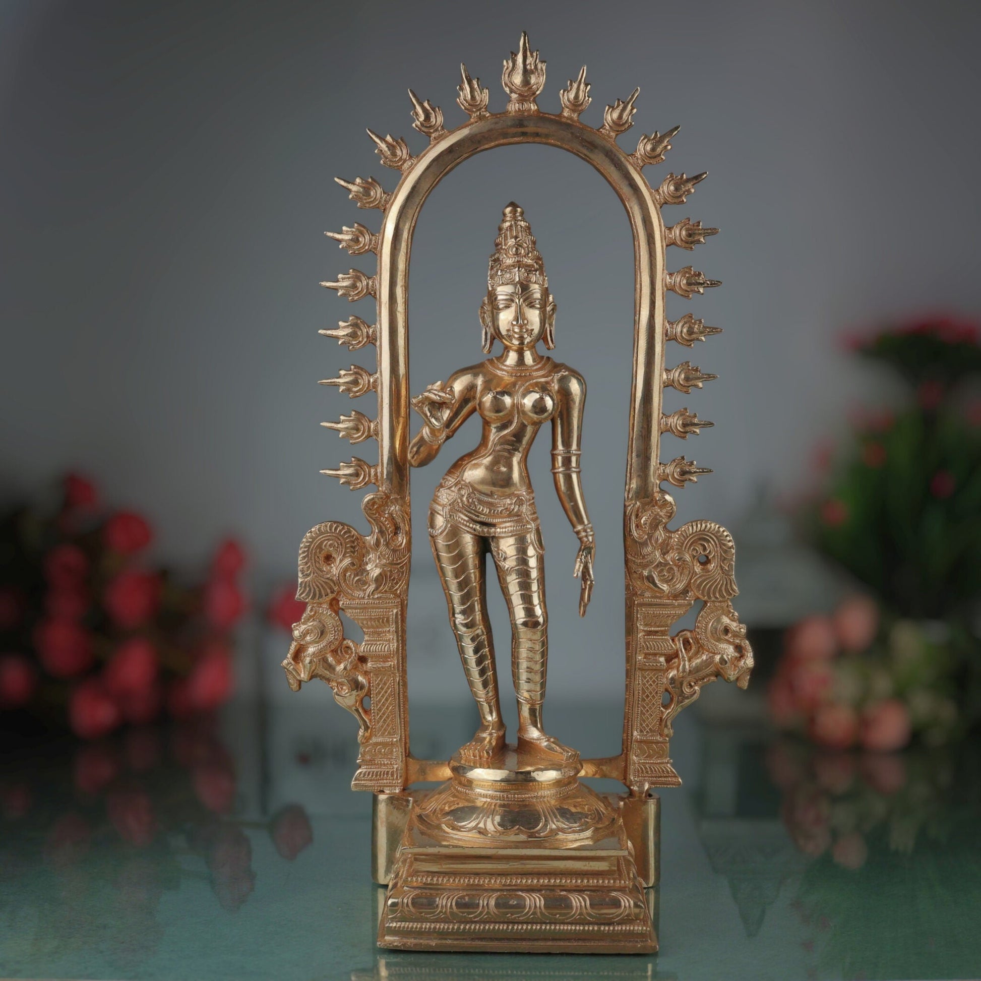 Bronze Parvati Gauri Uma Mahagauri Shakti Girija Ambika Devi Idol | Handcrafted Panchaloha Kanchu Chembu Chola Art Murti for Home Temple Decor, Gold, 15.5 Inch, 1 Piece
