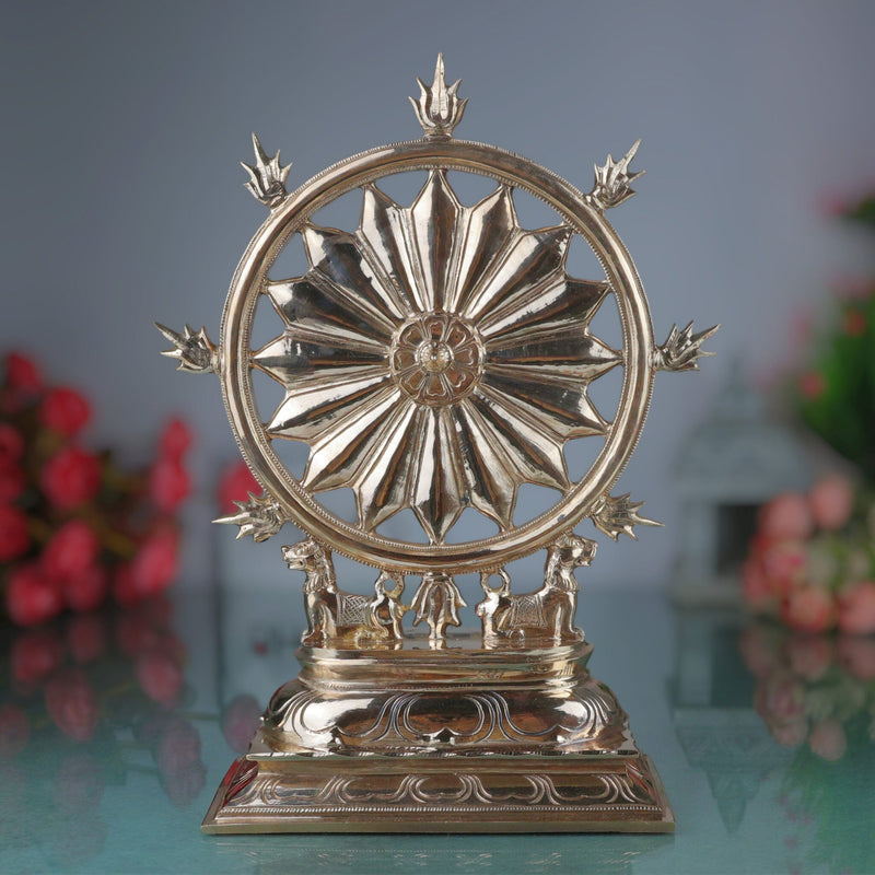 Bronze Sudarshan Chakra Sculpture, Traditional Sudarshana Dharmachakra Kalachakra Shakti Chakra Mandala Yantra Decor, Panchaloha Inspired Temple Art Showpiece, Gold, 12 Inch, 1 Piece