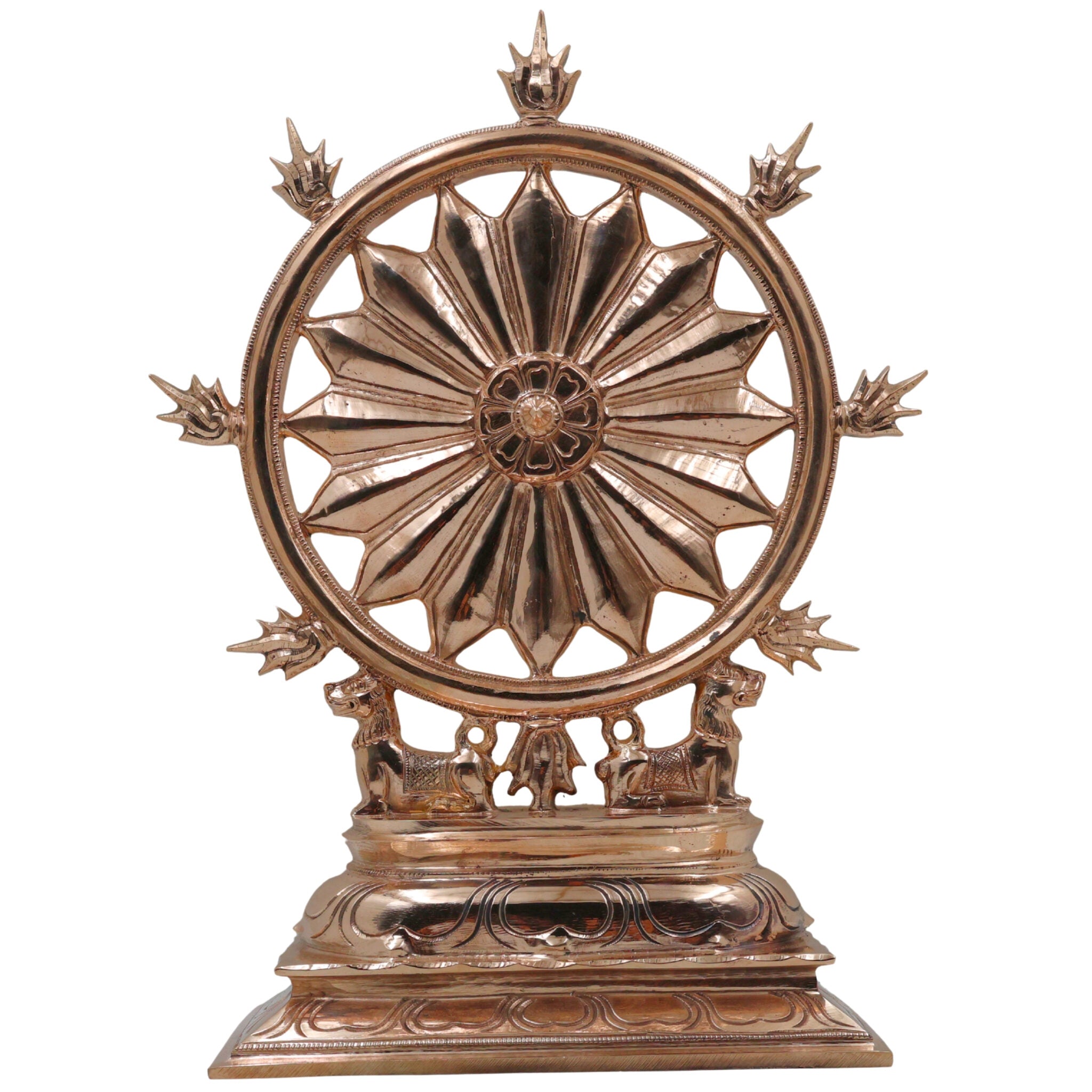 Bronze Sudarshan Chakra Sculpture, Traditional Sudarshana Dharmachakra Kalachakra Shakti Chakra Mandala Yantra Decor, Panchaloha Inspired Temple Art Showpiece, Gold, 12 Inch, 1 Piece
