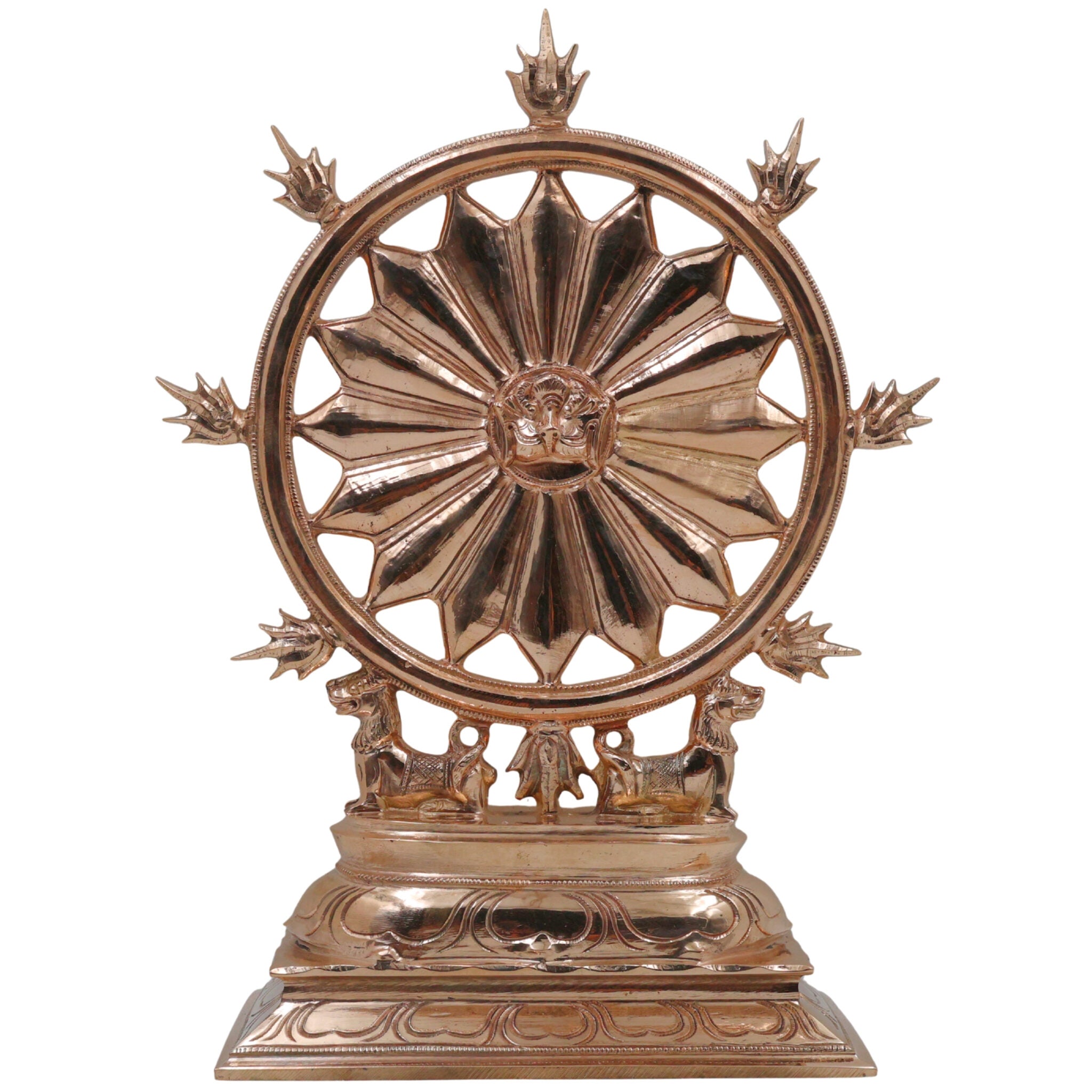 Bronze Sudarshan Chakra Sculpture, Traditional Sudarshana Dharmachakra Kalachakra Shakti Chakra Mandala Yantra Decor, Panchaloha Inspired Temple Art Showpiece, Gold, 12 Inch, 1 Piece