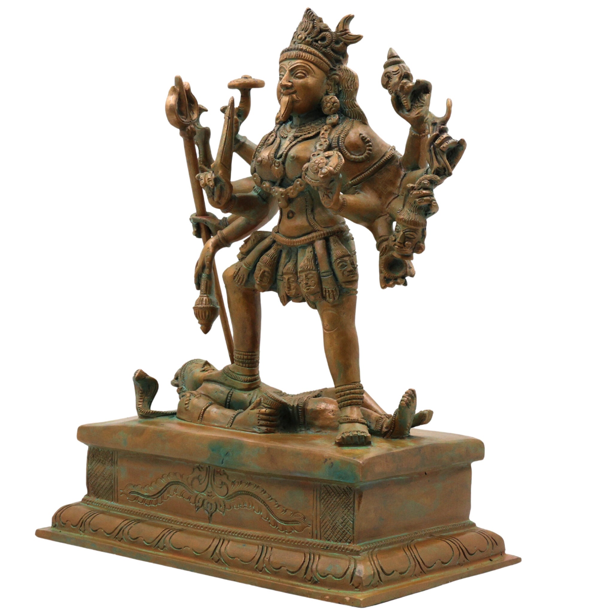 Bronze Maha Kali Idol Mahakali Kalika Dakshina Kali Shyama Kali Chamunda Bhadrakali Amman Kotravai Statue | Handcrafted Panchaloha Shakti Devi Sculpture for Home Temple Decor, Brown, 12.5 Inch, 1 Piece
