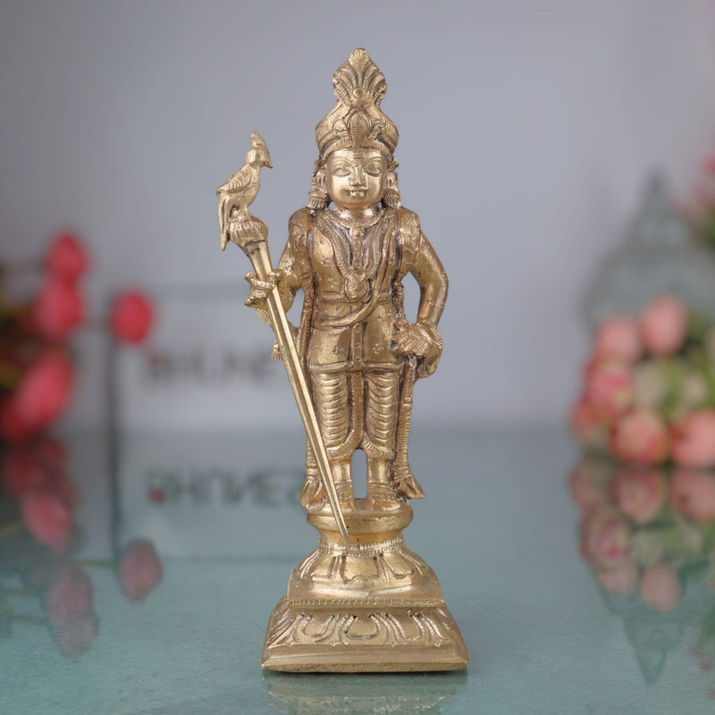 Bronze Murugan Idol, Kartikeya Subramanya Shanmuga Arumugam Skanda Velmurugan Panchaloha Style South Indian Sculpture for Pooja and Home Decor, Gold, 6.5 Inch, 1 Piece