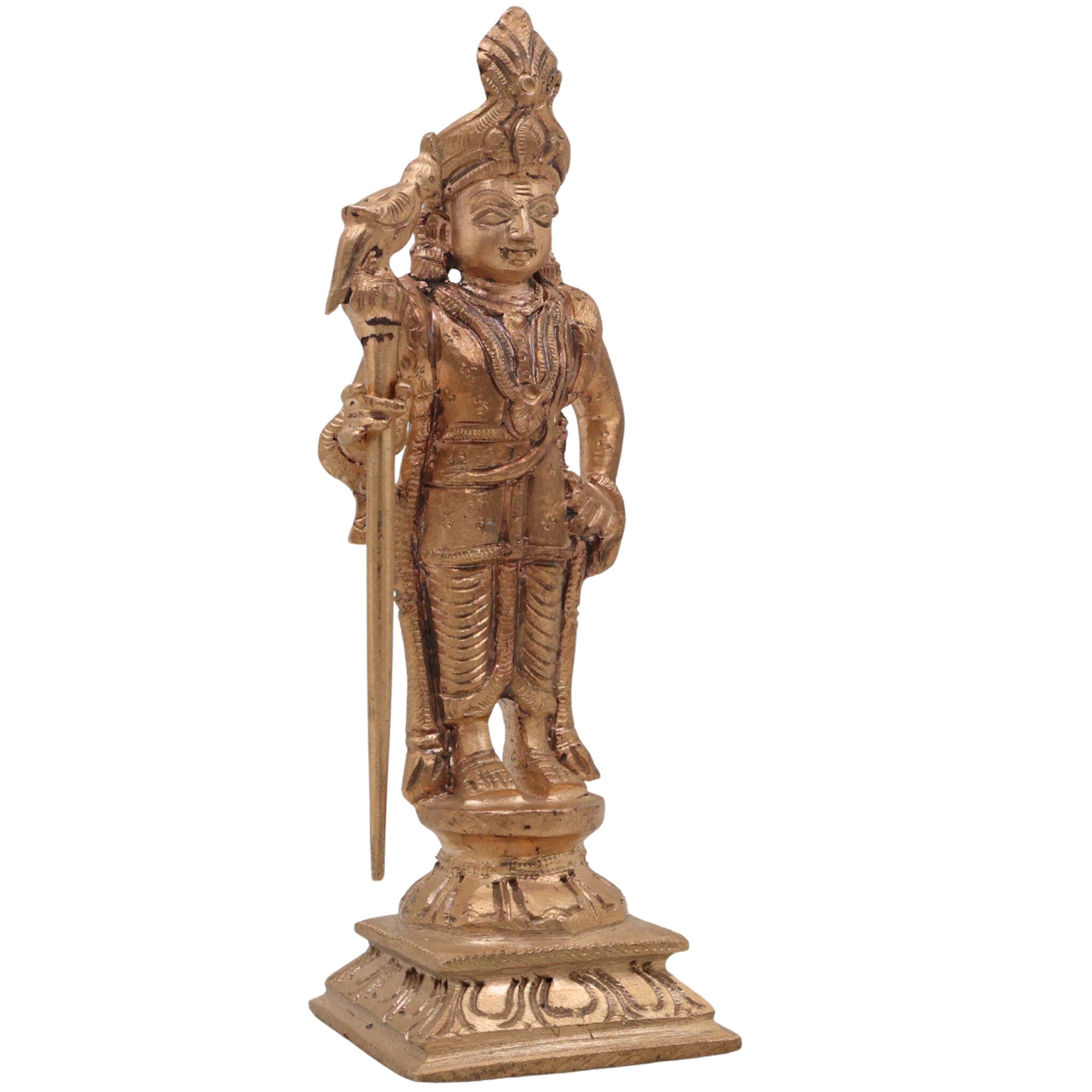 Bronze Murugan Idol, Kartikeya Subramanya Shanmuga Arumugam Skanda Velmurugan Panchaloha Style South Indian Sculpture for Pooja and Home Decor, Gold, 6.5 Inch, 1 Piece