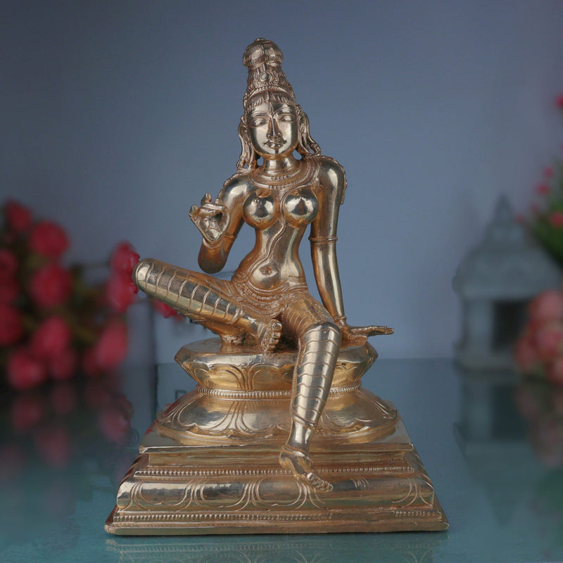 Bronze Parvati Gauri Uma Mahagauri Shakti Devi Idol | Handcrafted Panchaloha Kanchu Kamsya Chembu Sculpture | Traditional Chola Art South Indian Temple Style Murti for Home Decor & Pooja, Gold, 10 Inch, 1 Piece