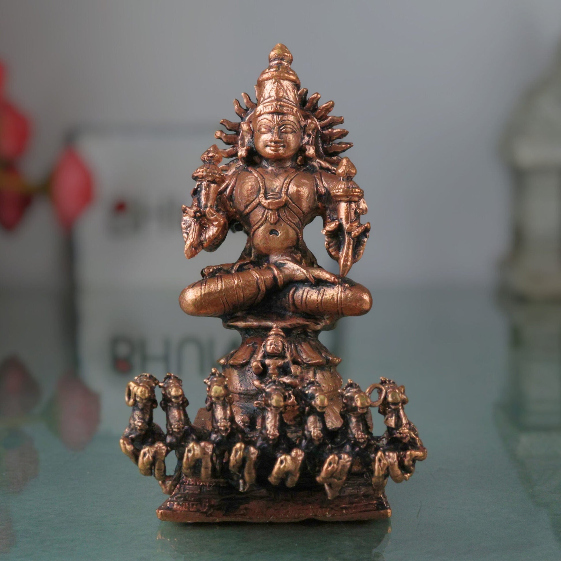 Surya Dev Copper Idol, Handcrafted Tamra Surya Narayana Murti | Aditya Bhaskar Ravi Arka Martanda Statue for Puja Mandir Home Decor, Brown, 4.5 Inch, 1 Piece