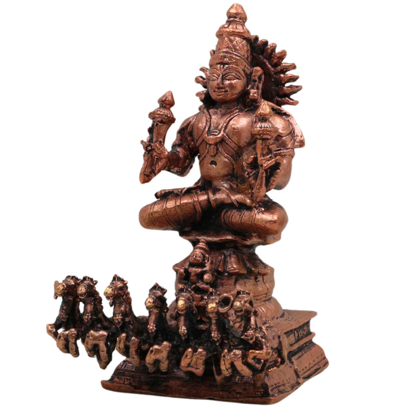 Surya Dev Copper Idol, Handcrafted Tamra Surya Narayana Murti | Aditya Bhaskar Ravi Arka Martanda Statue for Puja Mandir Home Decor, Brown, 4.5 Inch, 1 Piece